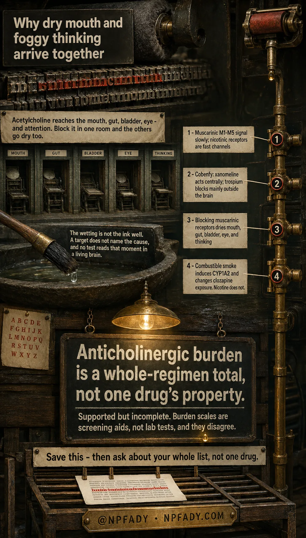 Infographic drawn as an old letterpress print shop, with five small rooms labeled Mouth, Gut, Bladder, Eye, and Thinking, a stone ink basin with a dripping brush, a brass pipe with four numbered valves, and a hanging chalkboard sign under a lamp. Text reads: Why dry mouth and foggy thinking arrive together. Acetylcholine reaches the mouth, gut, bladder, eye, and attention. Block it in one room and the others go dry too. The wetting is not the ink well. A target does not name the cause, and no test reads that moment in a living brain. Four numbered callouts read. One: muscarinic M1 to M5 signal slowly; nicotinic receptors are fast channels. Two: Cobenfy, xanomeline acts centrally; trospium blocks mainly outside the brain. Three: blocking muscarinic receptors dries mouth, gut, bladder, eye, and thinking. Four: combustible smoke induces CYP1A2 and changes clozapine exposure. Nicotine does not. The chalkboard reads: Anticholinergic burden is a whole-regimen total, not one drug's property. Supported but incomplete. Burden scales are screening aids, not lab tests, and they disagree. The base reads: save this, then ask about your whole list, not one drug, at NPFADY, NPFADY.com.