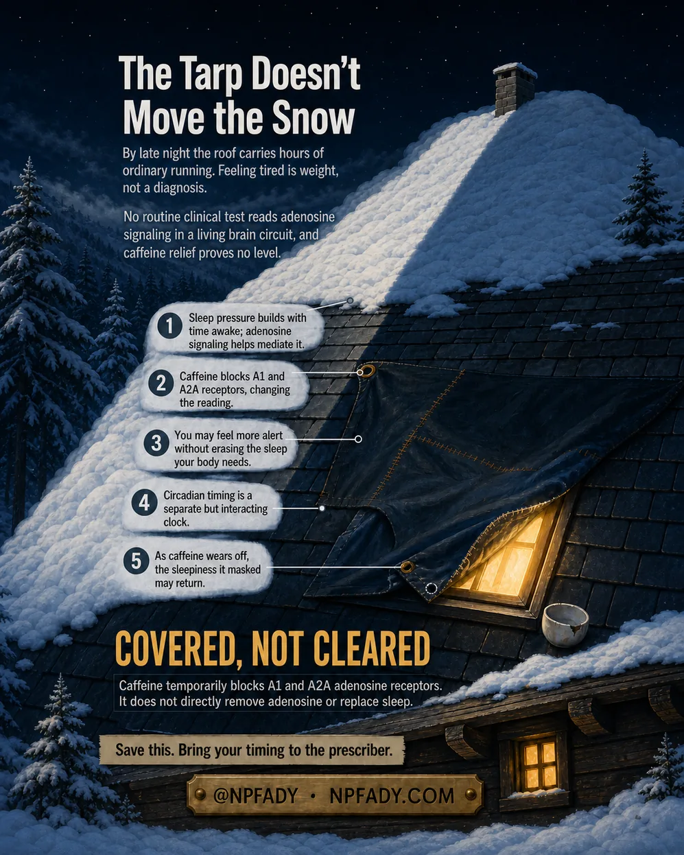 Infographic drawn as a snow-covered cabin roof at night, where a dark tarp is pinned over one section of the snow and a lit dormer window glows beneath it. Text reads: The tarp doesn't move the snow. By late night the roof carries hours of ordinary running. Feeling tired is weight, not a diagnosis. No routine clinical test reads adenosine signaling in a living brain circuit, and caffeine relief proves no level. Five numbered callouts read. One: sleep pressure builds with time awake; adenosine signaling helps mediate it. Two: caffeine blocks A1 and A2A receptors, changing the reading. Three: you may feel more alert without erasing the sleep your body needs. Four: circadian timing is a separate but interacting clock. Five: as caffeine wears off, the sleepiness it masked may return. Large text reads: Covered, not cleared. Caffeine temporarily blocks A1 and A2A adenosine receptors. It does not directly remove adenosine or replace sleep. The base reads: save this, bring your timing to the prescriber, at NPFADY, NPFADY.com.