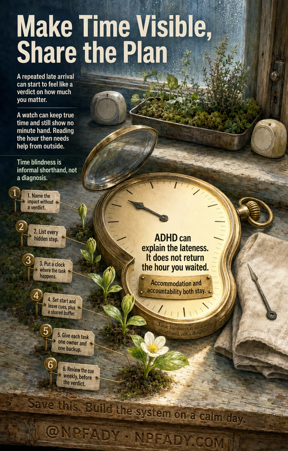 A hand-painted windowsill at first light. An oversized open pocket watch shows hour markers and an hour hand but no minute hand, and its empty minute track holds the line that ADHD can explain the lateness without returning the hour the partner waited. Six numbered brass pins along the sill carry a departure plan, and a green shoot unfurls one stage further at each pin as the daylight edge crosses the wood.