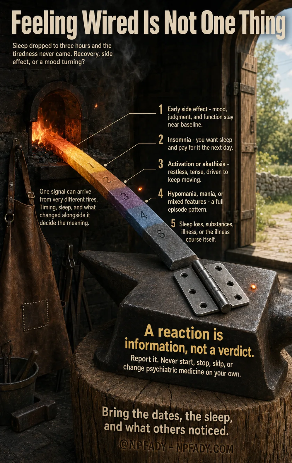 Infographic titled Feeling Wired Is Not One Thing, staged in a blacksmith's forge where a glowing steel bar cools from white-hot to dark across five numbered segments, resting on an anvil beside a door hinge. Under the title: sleep dropped to three hours and the tiredness never came — recovery, side effect, or a mood turning? The five segments read. One: early side effect — mood, judgment, and function stay near baseline. Two: insomnia — you want sleep and pay for it the next day. Three: activation or akathisia — restless, tense, driven to keep moving. Four: hypomania, mania, or mixed features — a full episode pattern. Five: sleep loss, substances, illness, or the illness course itself. A side note reads: one signal can arrive from very different fires; timing, sleep, and what changed alongside it decide the meaning. The anvil reads: a reaction is information, not a verdict — report it; never start, stop, skip, or change psychiatric medicine on your own. The base reads: bring the dates, the sleep, and what others noticed, at NPFADY, NPFADY.com.