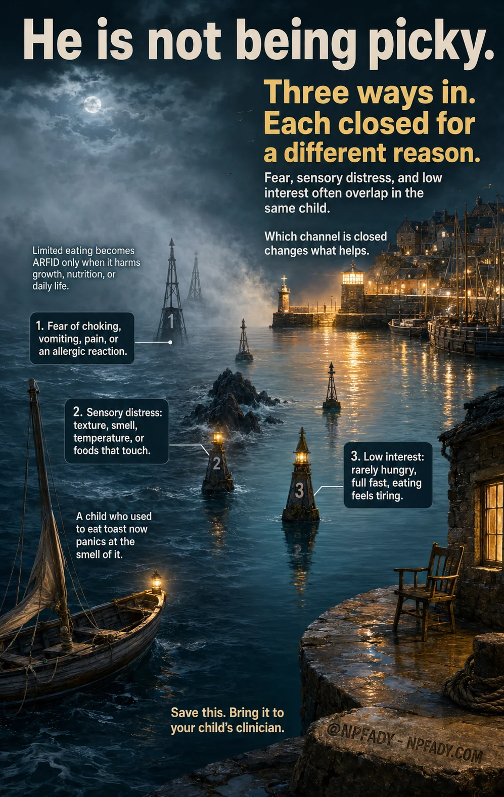 Infographic titled He is not being picky, drawn as a night harbour where a small boat with a lit lantern approaches three marked channels: one lost in fog, one blocked by black rock, one dead calm. Gold type reads: three ways in, each closed for a different reason; fear, sensory distress, and low interest often overlap in the same child; which channel is closed changes what helps. A note reads: limited eating becomes ARFID only when it harms growth, nutrition, or daily life. The three channel markers read. One: fear of choking, vomiting, pain, or an allergic reaction. Two: sensory distress: texture, smell, temperature, or foods that touch. Three: low interest: rarely hungry, full fast, eating feels tiring. Another note reads: a child who used to eat toast now panics at the smell of it. The base reads: save this, bring it to your child's clinician, at NPFADY, NPFADY.com.