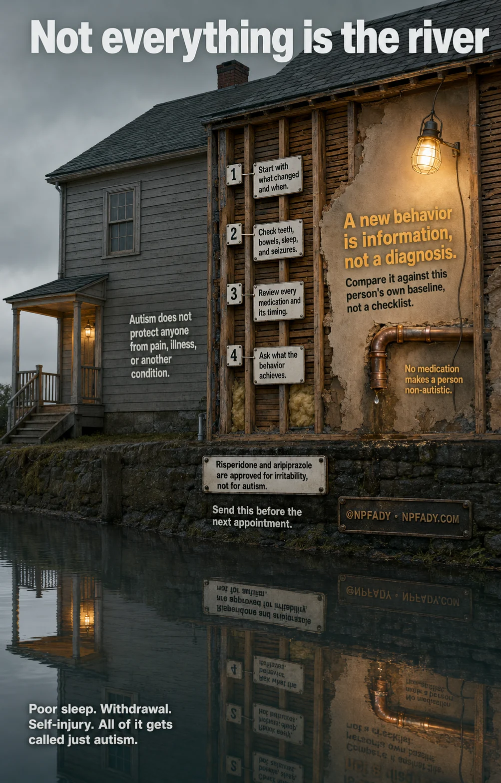 Infographic titled Not everything is the river, drawn as a grey clapboard house on a stone river wall at dusk, with one wall opened to show the studs, insulation, a leaking copper pipe, and a caged work light. Text on the siding reads: Autism does not protect anyone from pain, illness, or another condition. Four numbered plates read. One: start with what changed and when. Two: check teeth, bowels, sleep, and seizures. Three: review every medication and its timing. Four: ask what the behavior achieves. Gold type reads: A new behavior is information, not a diagnosis. Compare it against this person's own baseline, not a checklist. No medication makes a person non-autistic. A plate on the river wall reads: Risperidone and aripiprazole are approved for irritability, not for autism. Send this before the next appointment. Reflected in the water: Poor sleep. Withdrawal. Self-injury. All of it gets called just autism. The base reads: at NPFADY, NPFADY.com.