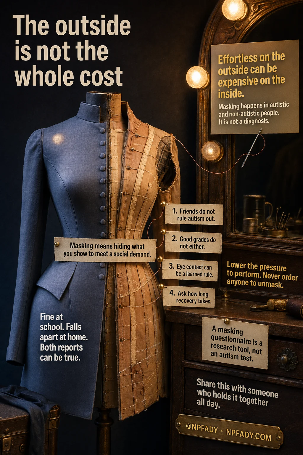 Infographic titled The outside is not the whole cost, drawn as a dress form in front of a lit vanity mirror: one half a tailored blue jacket, the other half the raw inner corset with its boning and stitching showing. A card reads: Effortless on the outside can be expensive on the inside. Masking happens in autistic and non-autistic people. It is not a diagnosis. A band across the waist reads: Masking means hiding what you show to meet a social demand. Four pinned tags read. One: friends do not rule autism out. Two: good grades do not either. Three: eye contact can be a learned rule. Four: ask how long recovery takes. Text reads: Fine at school. Falls apart at home. Both reports can be true. Lower the pressure to perform. Never order anyone to unmask. A drawer card reads: A masking questionnaire is a research tool, not an autism test. The base reads: share this with someone who holds it together all day, at NPFADY, NPFADY.com.