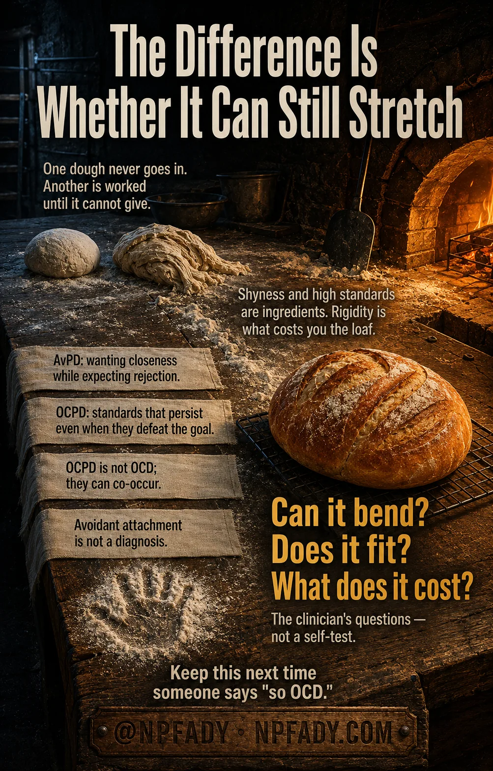 Infographic titled The Difference Is Whether It Can Still Stretch. A rustic bakery at night: one round of dough sits untouched, another lies overworked beside it, and a finished loaf cools on a rack near a wood-fired oven. Text reads: one dough never goes in. Another is worked until it cannot give. Shyness and high standards are ingredients. Rigidity is what costs you the loaf. Four cloth labels read: AvPD, wanting closeness while expecting rejection. OCPD, standards that persist even when they defeat the goal. OCPD is not OCD; they can co-occur. Avoidant attachment is not a diagnosis. Large amber text asks: can it bend? Does it fit? What does it cost? These are the clinician's questions, not a self-test. A closing note reads: keep this next time someone says so OCD.