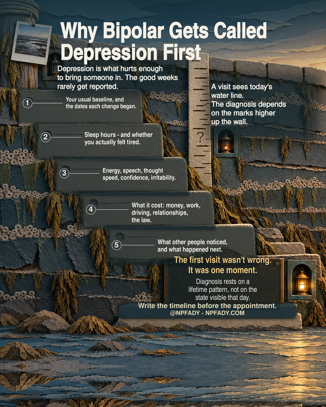 Infographic titled Why Bipolar Gets Called Depression First, drawn as a stone harbor wall at low tide with lanterns, a tide ruler, and five numbered stone steps descending to the water. Under the title: depression is what hurts enough to bring someone in; the good weeks rarely get reported. The five steps read. One: your usual baseline, and the dates each change began. Two: sleep hours, and whether you actually felt tired. Three: energy, speech, thought speed, confidence, irritability. Four: what it cost — money, work, driving, relationships, the law. Five: what other people noticed, and what happened next. Beside the tide ruler: a visit sees today's water line; the diagnosis depends on the marks higher up the wall. A plaque reads: the first visit wasn't wrong, it was one moment; diagnosis rests on a lifetime pattern, not on the state visible that day. The base reads: write the timeline before the appointment, at NPFADY, NPFADY.com.