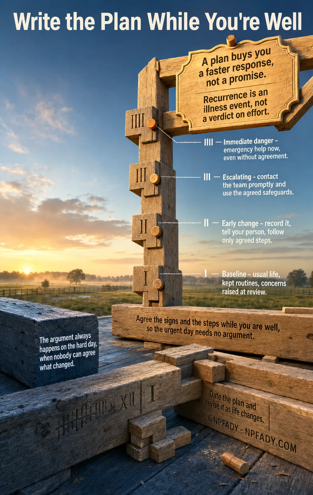 Infographic titled Write the Plan While You're Well, drawn as a timber-framing yard at sunrise where a carved wooden post holds four numbered notches under a hanging sign. The sign reads: a plan buys you a faster response, not a promise; recurrence is an illness event, not a verdict on effort. The four notches read, from the base up. One: baseline — usual life, kept routines, concerns raised at review. Two: early change — record it, tell your person, follow only agreed steps. Three: escalating — contact the team promptly and use the agreed safeguards. Four: immediate danger — emergency help now, even without agreement. A shadowed beam nearby reads: the argument always happens on the hard day, when nobody can agree what changed. A crossbeam reads: agree the signs and the steps while you are well, so the urgent day needs no argument. The base reads: date the plan and revise it as life changes, at NPFADY, NPFADY.com.