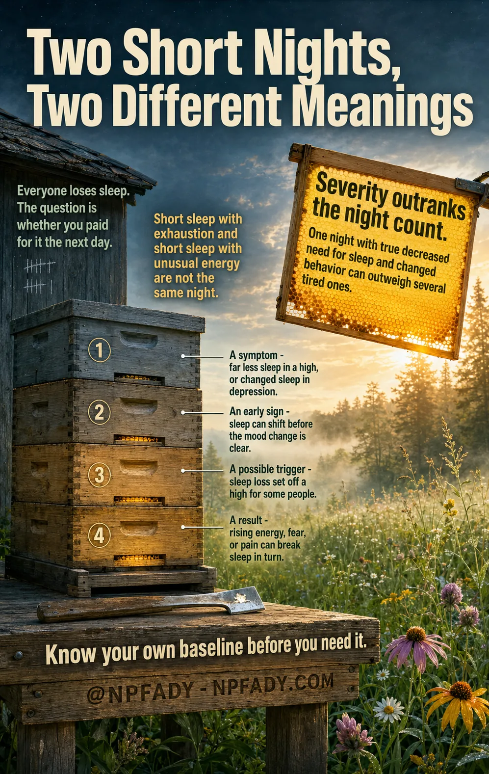 Infographic titled Two Short Nights, Two Different Meanings, drawn as a wooden beehive of four stacked, glowing boxes on a bench beside a hanging honeycomb sign in a dawn meadow. Under the title: everyone loses sleep; the question is whether you paid for it the next day. A note reads: short sleep with exhaustion and short sleep with unusual energy are not the same night. The four hive boxes read. One: a symptom — far less sleep in a high, or changed sleep in depression. Two: an early sign — sleep can shift before the mood change is clear. Three: a possible trigger — sleep loss set off a high for some people. Four: a result — rising energy, fear, or pain can break sleep in turn. The honeycomb sign reads: severity outranks the night count; one night with true decreased need for sleep and changed behavior can outweigh several tired ones. The bench reads: know your own baseline before you need it, at NPFADY, NPFADY.com.