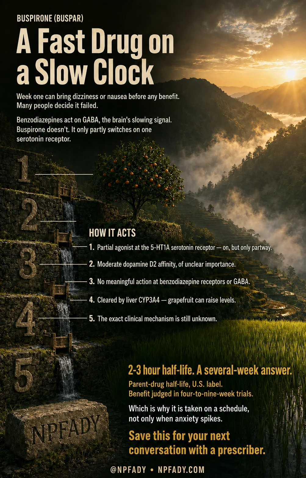Infographic titled A Fast Drug on a Slow Clock, staged on ancient stone rice terraces at dawn with wooden sluice gates, water stepping down through the terraces, a fruiting orange tree, and sunrise breaking over misted mountains. The opening text reads: week one can bring dizziness or nausea before any benefit, many people decide it failed. A second passage reads: benzodiazepines act on GABA, the brain's slowing signal, buspirone doesn't, it only partly switches on one serotonin receptor. A section headed How It Acts lists five points. One, partial agonist at the 5-HT1A serotonin receptor, on but only partway. Two, moderate dopamine D2 affinity, of unclear importance. Three, no meaningful action at benzodiazepine receptors or GABA. Four, cleared by liver CYP3A4, grapefruit can raise levels. Five, the exact clinical mechanism is still unknown. Large gold text reads: two to three hour half-life, a several-week answer, with the notes parent-drug half-life from the U.S. label and benefit judged in four-to-nine-week trials. Closing text reads: which is why it is taken on a schedule, not only when anxiety spikes. At the base, a carved stone reads NPFADY, with at NPFADY and NPFADY.com.