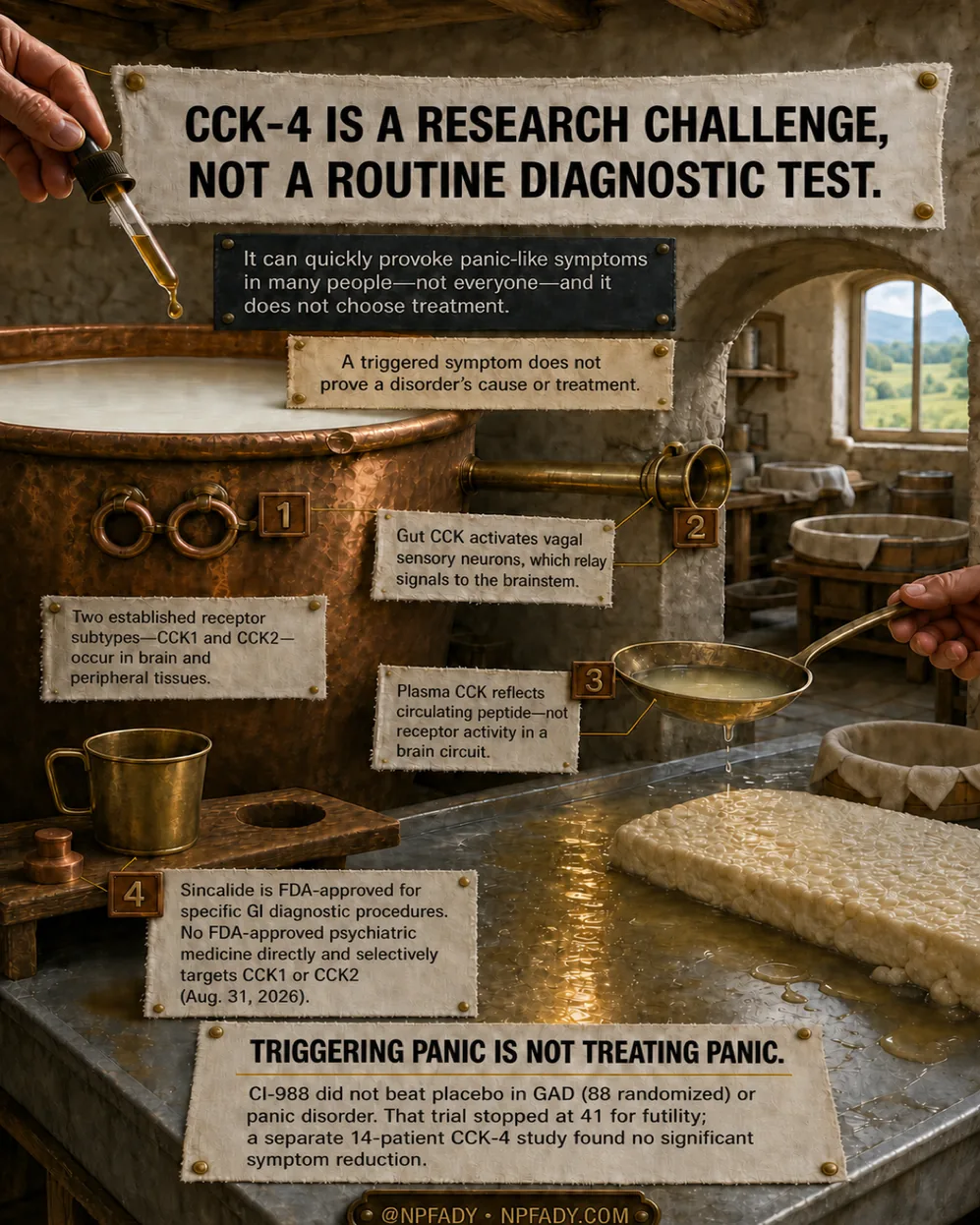 Infographic drawn as a stone farmhouse kitchen, where a hand drips liquid from a dropper into a copper vat of milk, a ladle lifts whey, and curds set on a table, with numbered brass tags. Text reads: CCK-4 is a research challenge, not a routine diagnostic test. It can quickly provoke panic-like symptoms in many people, not everyone, and it does not choose treatment. A triggered symptom does not prove a disorder's cause or treatment. Numbered callouts read. One: two established receptor subtypes, CCK1 and CCK2, occur in brain and peripheral tissues. Two: gut CCK activates vagal sensory neurons, which relay signals to the brainstem. Three: plasma CCK reflects circulating peptide, not receptor activity in a brain circuit. Four: sincalide is FDA-approved for specific GI diagnostic procedures. No FDA-approved psychiatric medicine directly and selectively targets CCK1 or CCK2, August 31, 2026. A panel reads: Triggering panic is not treating panic. CI-988 did not beat placebo in GAD, 88 randomized, or panic disorder. That trial stopped at 41 for futility; a separate 14-patient CCK-4 study found no significant symptom reduction. The base reads: at NPFADY, NPFADY.com.