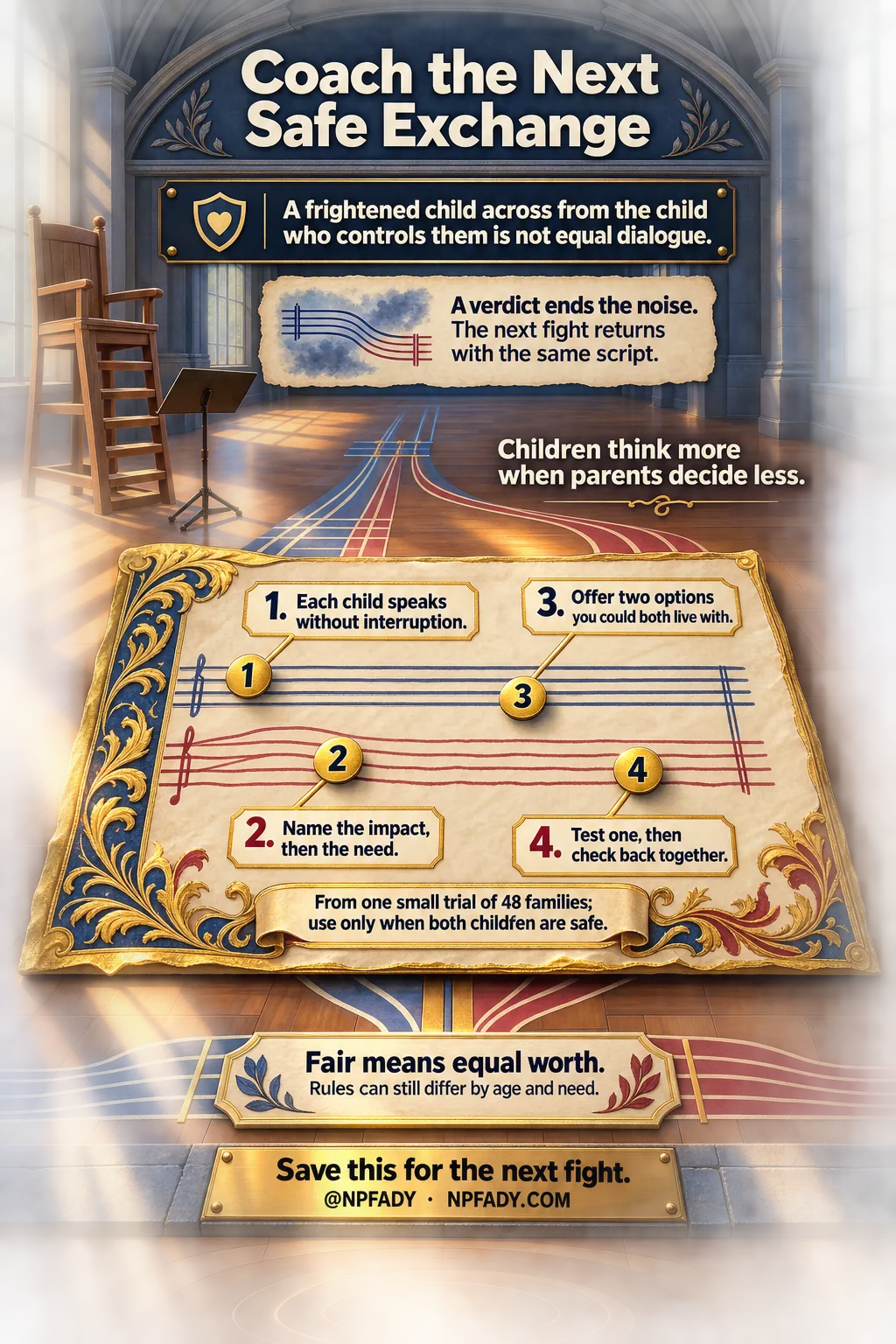 An empty tall adjudicator's chair stands beside a rehearsal-hall floor inlaid with two parallel musical staves, one voice each. An engraved instruction above the first measure governs the score: a frightened child across from the child who controls them is not equal dialogue. Four gilded note-heads alternate between the staves: each child speaks uninterrupted; name impact and need; offer two options; test one and check back. Beneath: from one small trial of 48 families, only when both are safe.