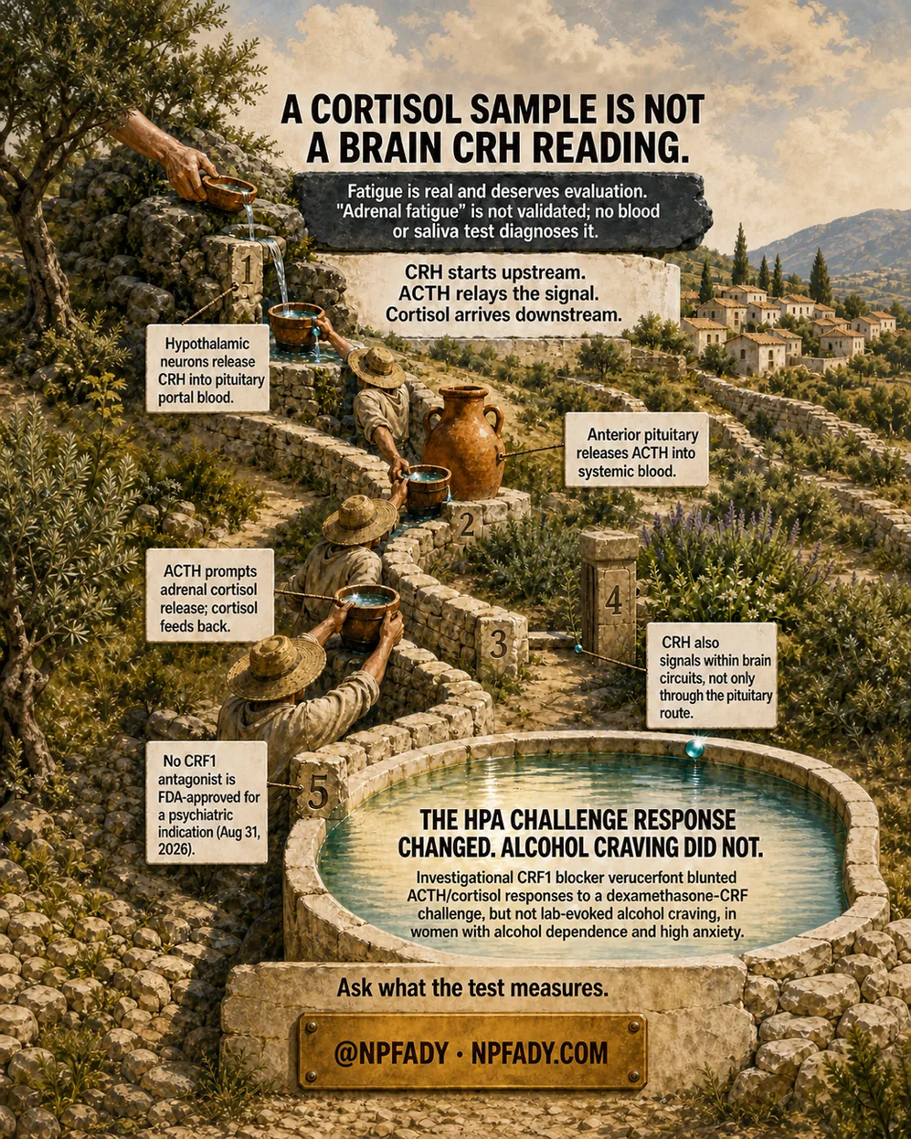 Infographic drawn as a sunlit Mediterranean hillside, where farmers pass bowls of water down five numbered stone terraces into a round well. Text reads: A cortisol sample is not a brain CRH reading. Fatigue is real and deserves evaluation. Adrenal fatigue is not validated; no blood or saliva test diagnoses it. CRH starts upstream. ACTH relays the signal. Cortisol arrives downstream. Numbered callouts read. One: hypothalamic neurons release CRH into pituitary portal blood. Two: anterior pituitary releases ACTH into systemic blood. Three: ACTH prompts adrenal cortisol release; cortisol feeds back. Four: CRH also signals within brain circuits, not only through the pituitary route. Five: no CRF1 antagonist is FDA-approved for a psychiatric indication, August 31, 2026. The well reads: The HPA challenge response changed. Alcohol craving did not. Investigational CRF1 blocker verucerfont blunted ACTH and cortisol responses to a dexamethasone-CRF challenge, but not lab-evoked alcohol craving, in women with alcohol dependence and high anxiety. The base reads: ask what the test measures, at NPFADY, NPFADY.com.