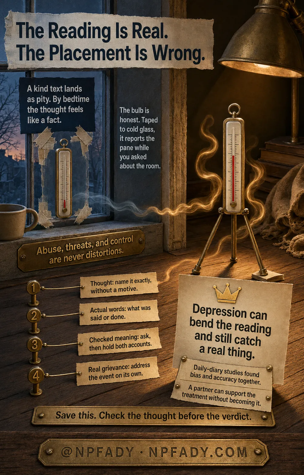 A layered cut-paper interior at dusk. On a frost-blue pane a small thermometer is taped with worn linen tape and reads low. Two steps into the warm room an identical thermometer stands free on a brass tripod and reads high. Four numbered pins on the floor between them carry the check sequence, a brass plate cast into the sill reads that abuse, threats and control are never distortions, and warm air drifts from a cup on the sill toward the free instrument.