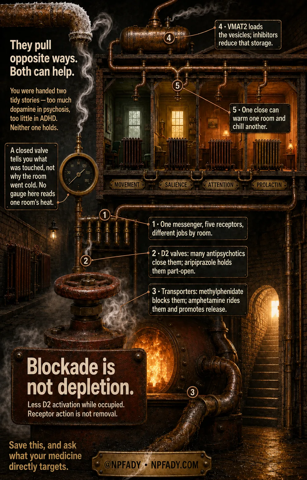 Infographic drawn as a brick boiler room at night, where copper pipes feed four small lit rooms labeled Movement, Salience, Attention, and Prolactin, with a pressure gauge, a red valve wheel, and a glowing furnace below. Text reads: They pull opposite ways. Both can help. You were handed two tidy stories, too much dopamine in psychosis, too little in ADHD. Neither one holds. A closed valve tells you what was touched, not why the room went cold. No gauge here reads one room's heat. Five numbered callouts read. One: one messenger, five receptors, different jobs by room. Two: D2 valves, many antipsychotics close them; aripiprazole holds them part-open. Three: transporters, methylphenidate blocks them; amphetamine rides them and promotes release. Four: VMAT2 loads the vesicles; inhibitors reduce that storage. Five: one close can warm one room and chill another. A large sign reads: Blockade is not depletion. Less D2 activation while occupied. Receptor action is not removal. The base reads: save this, and ask what your medicine directly targets, at NPFADY, NPFADY.com.