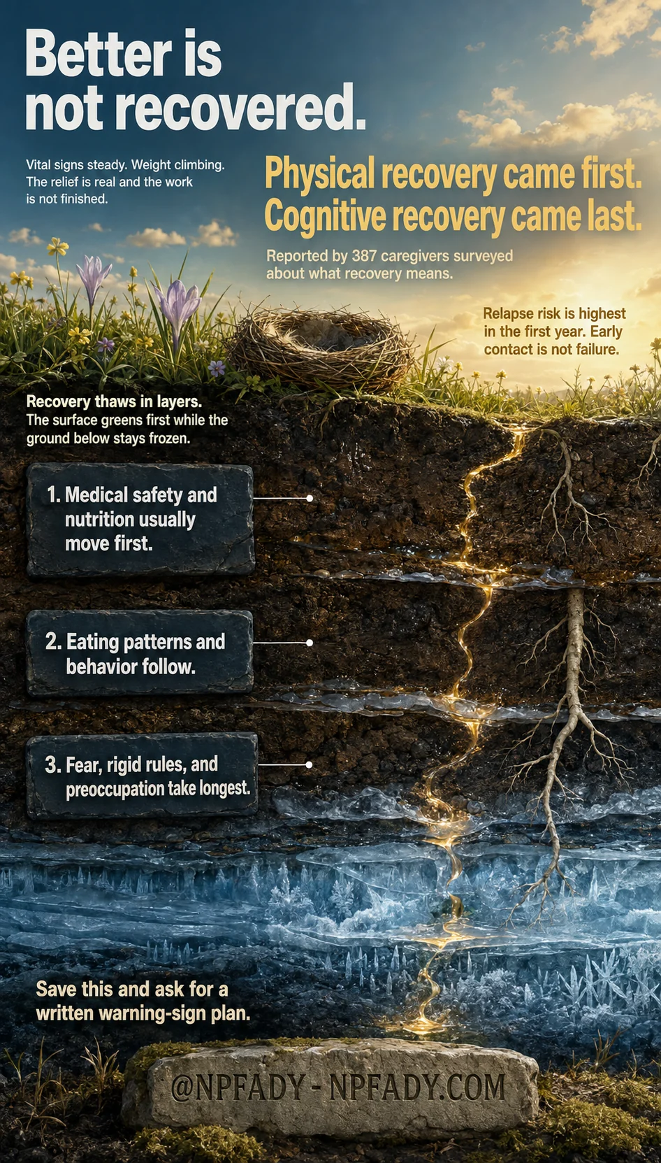 Infographic titled Better is not recovered, drawn as a cutaway of ground thawing after winter: the surface is green and flowering with a bird's nest, the middle soil is softening, and the deepest layer stays frozen blue around a root while a gold thread of meltwater works downward. Gold type reads: physical recovery came first, cognitive recovery came last; reported by 387 caregivers surveyed about what recovery means. Notes read: vital signs steady, weight climbing, the relief is real and the work is not finished; recovery thaws in layers, the surface greens first while the ground below stays frozen; relapse risk is highest in the first year, early contact is not failure. Three numbered strata read. One: medical safety and nutrition usually move first. Two: eating patterns and behavior follow. Three: fear, rigid rules, and preoccupation take longest. A stone marker reads: save this and ask for a written warning-sign plan, at NPFADY, NPFADY.com.