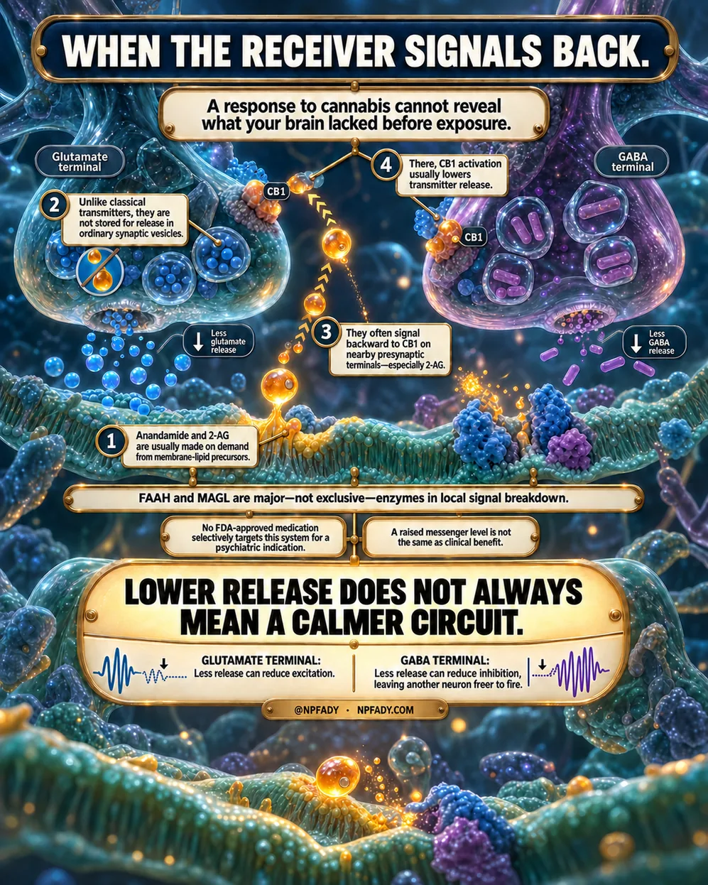 Infographic drawn as a glowing microscopic synapse, with a blue glutamate terminal on the left, a purple GABA terminal on the right, and golden droplets traveling upward from the receiving membrane to CB1 receptors. Text reads: When the receiver signals back. A response to cannabis cannot reveal what your brain lacked before exposure. Numbered callouts read. One: anandamide and 2-AG are usually made on demand from membrane-lipid precursors. Two: unlike classical transmitters, they are not stored for release in ordinary synaptic vesicles. Three: they often signal backward to CB1 on nearby presynaptic terminals, especially 2-AG. Four: there, CB1 activation usually lowers transmitter release. Labels read less glutamate release and less GABA release. A strip reads: FAAH and MAGL are major, not exclusive, enzymes in local signal breakdown. Two panels read: no FDA-approved medication selectively targets this system for a psychiatric indication. A raised messenger level is not the same as clinical benefit. Large text reads: Lower release does not always mean a calmer circuit. Glutamate terminal: less release can reduce excitation. GABA terminal: less release can reduce inhibition, leaving another neuron freer to fire. The base reads: at NPFADY, NPFADY.com.