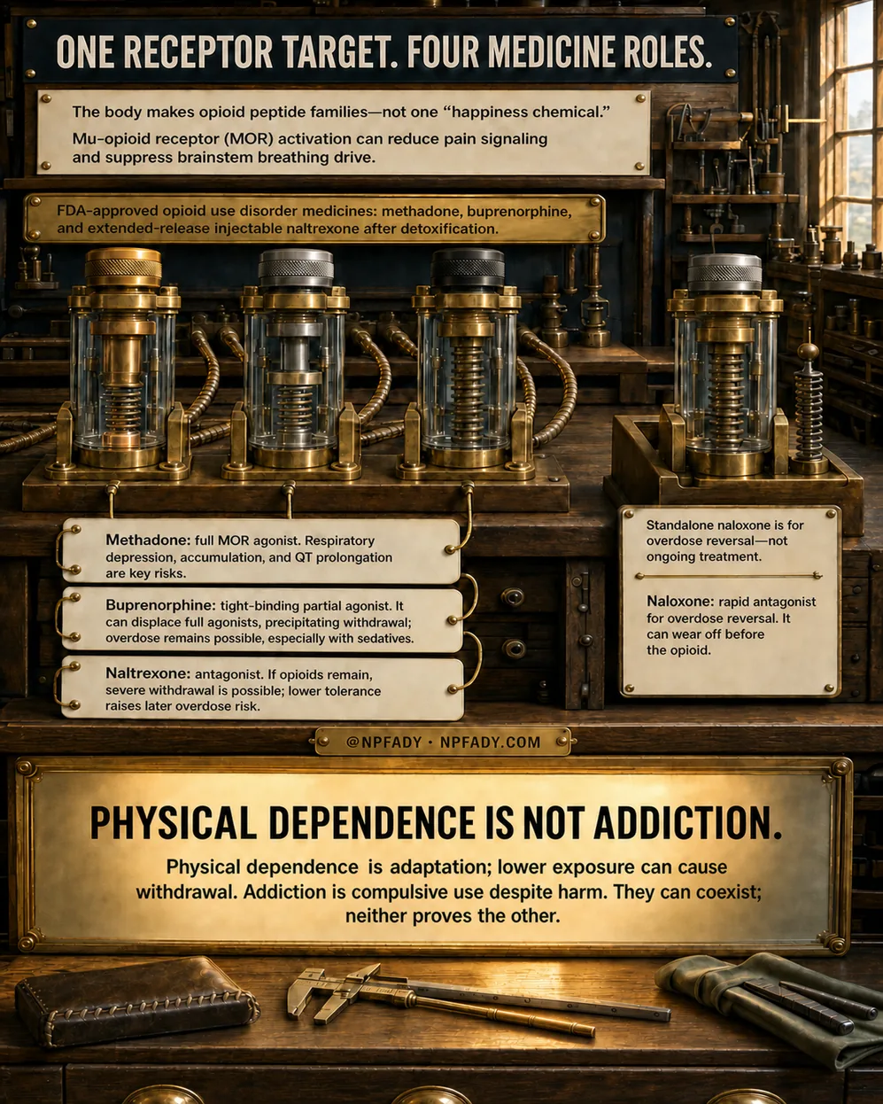 Infographic drawn as a craftsman's workbench in warm window light, with four glass-and-brass piston mechanisms, hand tools, and cream tags. Text reads: One receptor target. Four medicine roles. The body makes opioid peptide families, not one happiness chemical. Mu-opioid receptor, MOR, activation can reduce pain signaling and suppress brainstem breathing drive. FDA-approved opioid use disorder medicines: methadone, buprenorphine, and extended-release injectable naltrexone after detoxification. Tags read. Methadone: full MOR agonist. Respiratory depression, accumulation, and QT prolongation are key risks. Buprenorphine: tight-binding partial agonist. It can displace full agonists, precipitating withdrawal; overdose remains possible, especially with sedatives. Naltrexone: antagonist. If opioids remain, severe withdrawal is possible; lower tolerance raises later overdose risk. Standalone naloxone is for overdose reversal, not ongoing treatment. Naloxone: rapid antagonist for overdose reversal. It can wear off before the opioid. A brass plate reads: Physical dependence is not addiction. Physical dependence is adaptation; lower exposure can cause withdrawal. Addiction is compulsive use despite harm. They can coexist; neither proves the other. The base reads: at NPFADY, NPFADY.com.