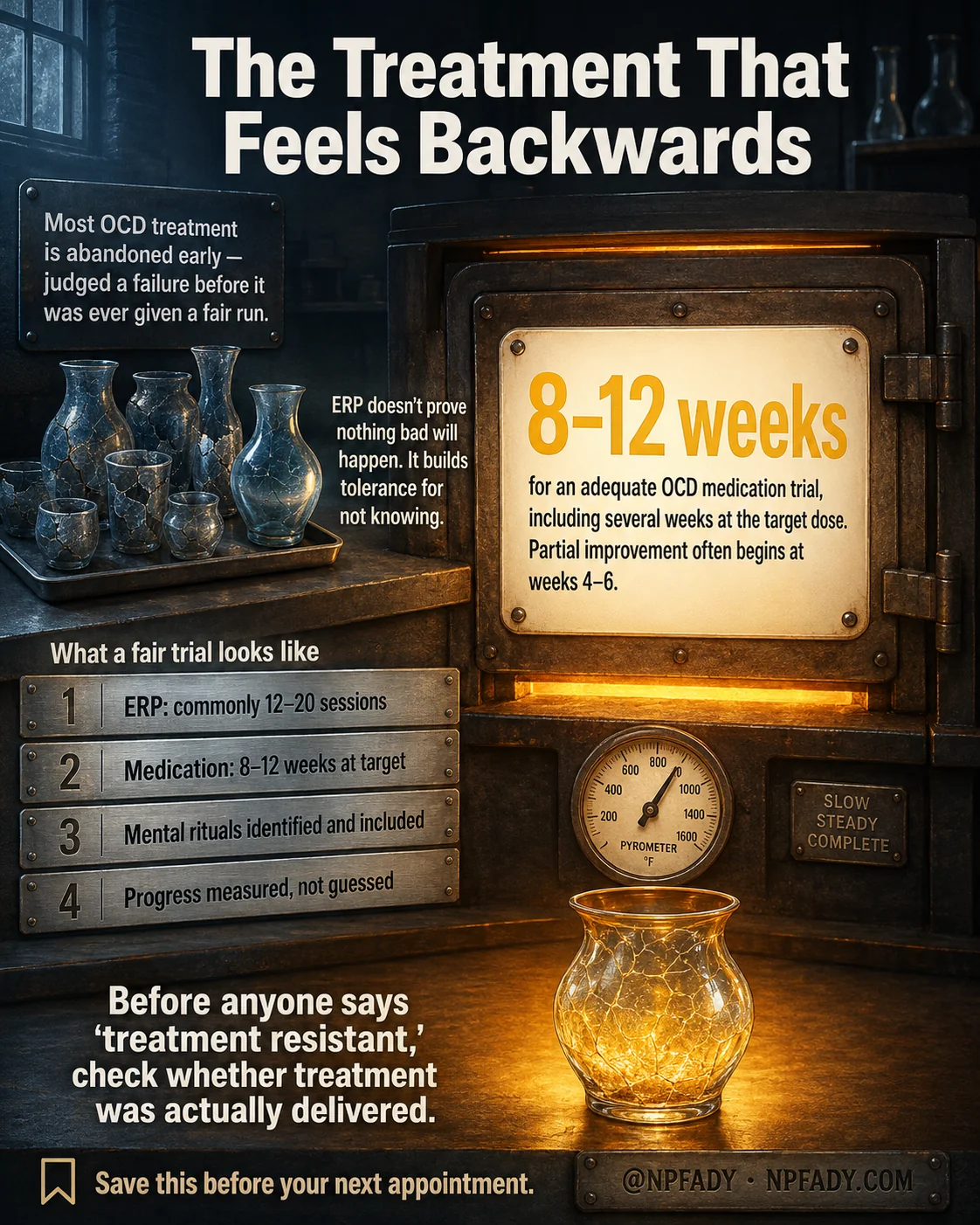 Infographic titled The Treatment That Feels Backwards, set in a dim ceramics workshop with a glowing kiln, a pyrometer gauge, and a tray of unfired crackle-glazed vessels. A panel at upper left reads: most OCD treatment is abandoned early — judged a failure before it was ever given a fair run. A note beside the tray reads: ERP doesn't prove nothing bad will happen, it builds tolerance for not knowing. The plate on the open kiln door reads 8 to 12 weeks, with the line: for an adequate OCD medication trial, including several weeks at the target dose; partial improvement often begins at weeks 4 to 6. A four-step list headed What a fair trial looks like reads: one, ERP, commonly 12 to 20 sessions; two, medication, 8 to 12 weeks at target; three, mental rituals identified and included; four, progress measured, not guessed. A small plaque on the kiln reads slow, steady, complete. A finished vessel glows gold on the bench beside the closing line: before anyone says treatment resistant, check whether treatment was actually delivered. Save this before your next appointment. At NP Fady, npfady.com.