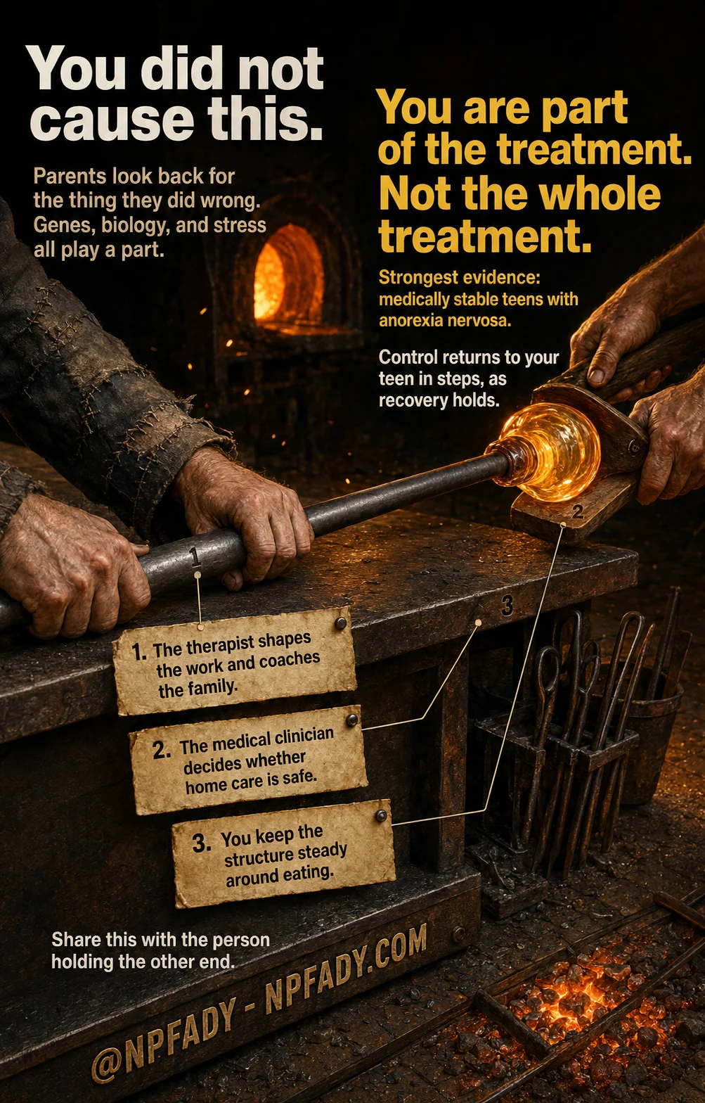 Infographic titled You did not cause this, drawn as a glassblowing workshop where two pairs of hands share one blowpipe: one pair keeps the pipe turning while a practiced pair shapes the glowing glass, with a furnace burning behind them. Gold type reads: you are part of the treatment, not the whole treatment; strongest evidence: medically stable teens with anorexia nervosa; control returns to your teen in steps, as recovery holds. A note reads: parents look back for the thing they did wrong; genes, biology, and stress all play a part. Three numbered tags read. One: the therapist shapes the work and coaches the family. Two: the medical clinician decides whether home care is safe. Three: you keep the structure steady around eating. The bench reads: share this with the person holding the other end, at NPFADY, NPFADY.com.