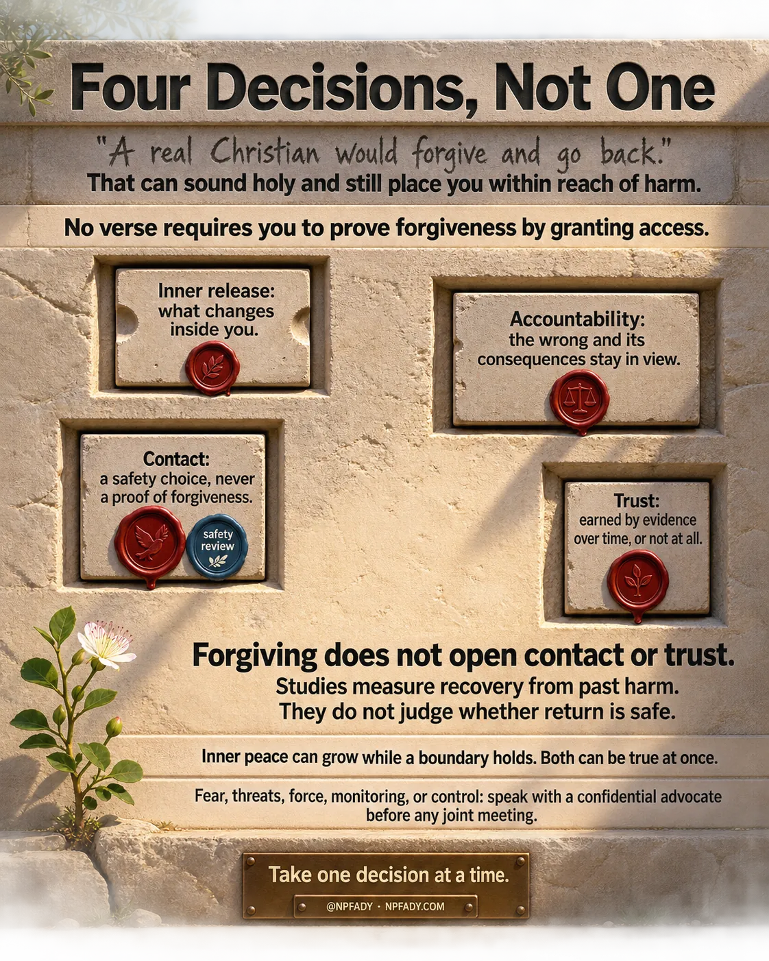 Four separate decisions after serious harm, shown as four sealed archive niches cut at different heights into one thick limestone wall, with nothing connecting them. The lids read inner release, accountability, contact with a second safety-review seal, and trust. On the wide sunlit blank stone between them, in the largest words after the heading: forgiving does not open contact or trust, with the line that studies measure recovery from past harm and do not judge whether return is safe.