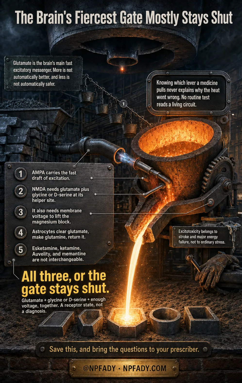 Infographic drawn as an iron foundry at night, where a crucible pours molten metal into a hexagonal mold while other molds wait empty. Text reads: The brain's fiercest gate mostly stays shut. Glutamate is the brain's main fast excitatory messenger. More is not automatically better, and less is not automatically safer. Knowing which lever a medicine pulls never explains why the heat went wrong. No routine test reads a living circuit. Five numbered callouts read. One: AMPA carries the fast draft of excitation. Two: NMDA needs glutamate plus glycine or D-serine at its helper site. Three: it also needs membrane voltage to lift the magnesium block. Four: astrocytes clear glutamate, make glutamine, return it. Five: esketamine, ketamine, Auvelity, and memantine are not interchangeable. A side panel reads: excitotoxicity belongs to stroke and major energy failure, not to ordinary stress. Large text reads: All three, or the gate stays shut. Glutamate plus glycine or D-serine plus enough voltage, together. A receptor state, not a diagnosis. The base reads: save this, and bring the questions to your prescriber, at NPFADY, NPFADY.com.