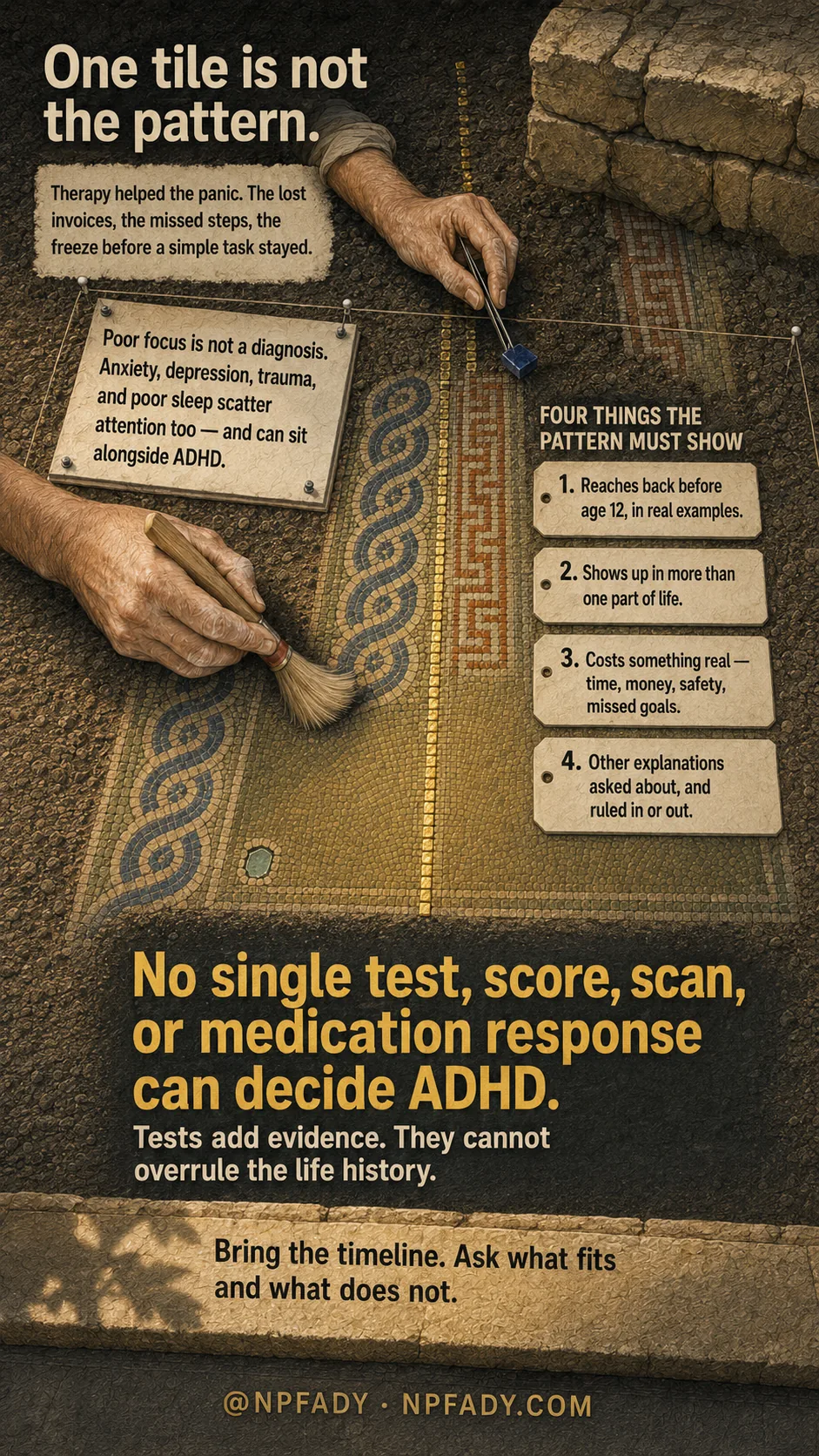 An ancient mosaic floor being cleared of soil, teaching that ADHD is diagnosed from a whole pattern, not one piece. Read top to bottom. The cleared area holds the key line: no single test, score, scan, or medication response can decide ADHD.