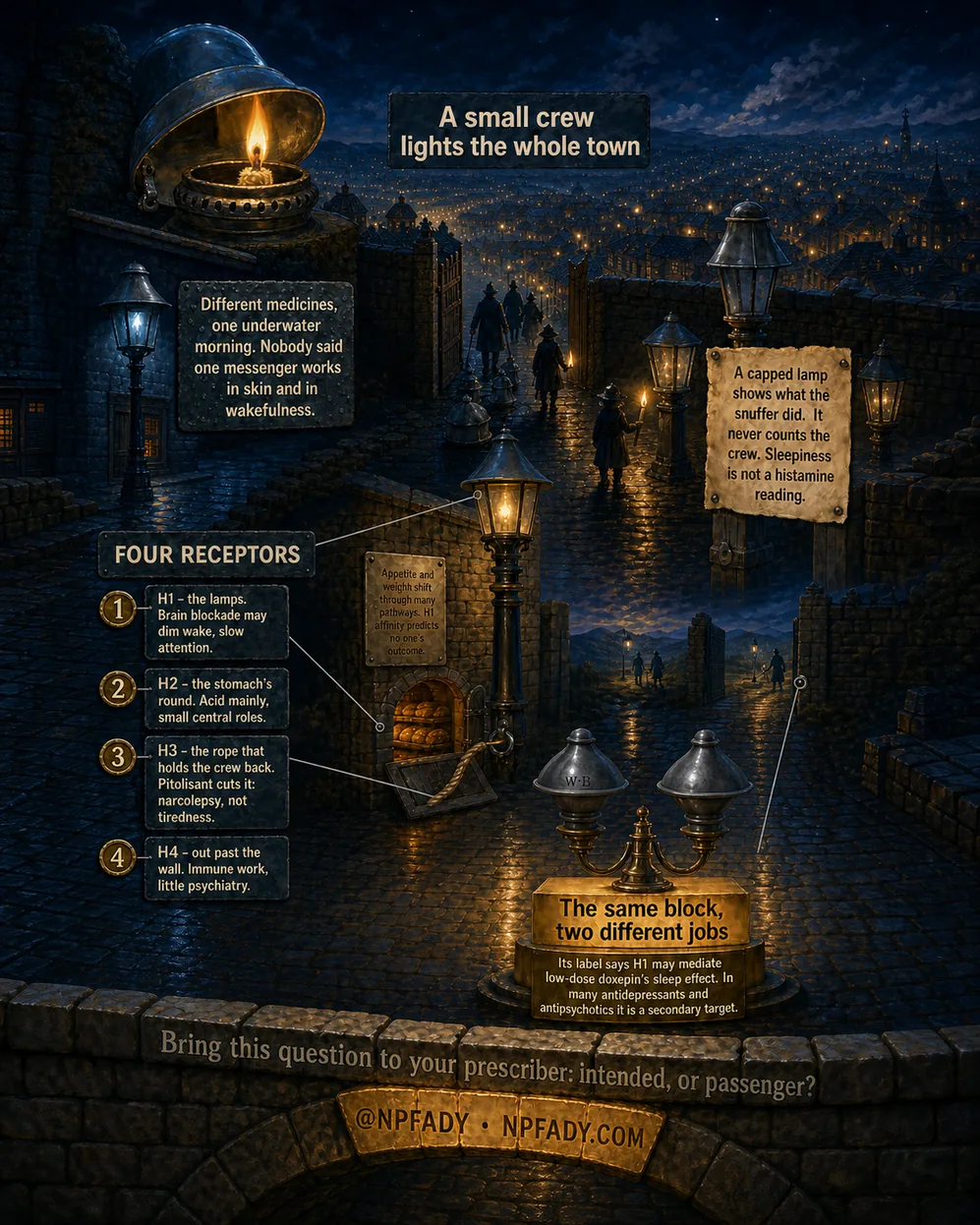 Infographic drawn as a hilltop town at night, where lamplighters with torches walk cobbled streets, a lamp snuffer caps a flame, a bakery window glows, and two silver lamp caps sit on a brass stand. Text reads: A small crew lights the whole town. Different medicines, one underwater morning. Nobody said one messenger works in skin and in wakefulness. A capped lamp shows what the snuffer did. It never counts the crew. Sleepiness is not a histamine reading. Appetite and weight shift through many pathways. H1 affinity predicts no one's outcome. A panel titled Four receptors reads. One: H1, the lamps. Brain blockade may dim wake, slow attention. Two: H2, the stomach's round. Acid mainly, small central roles. Three: H3, the rope that holds the crew back. Pitolisant cuts it: narcolepsy, not tiredness. Four: H4, out past the wall. Immune work, little psychiatry. A sign reads: The same block, two different jobs. Its label says H1 may mediate low-dose doxepin's sleep effect. In many antidepressants and antipsychotics it is a secondary target. The base reads: bring this question to your prescriber, intended, or passenger, at NPFADY, NPFADY.com.