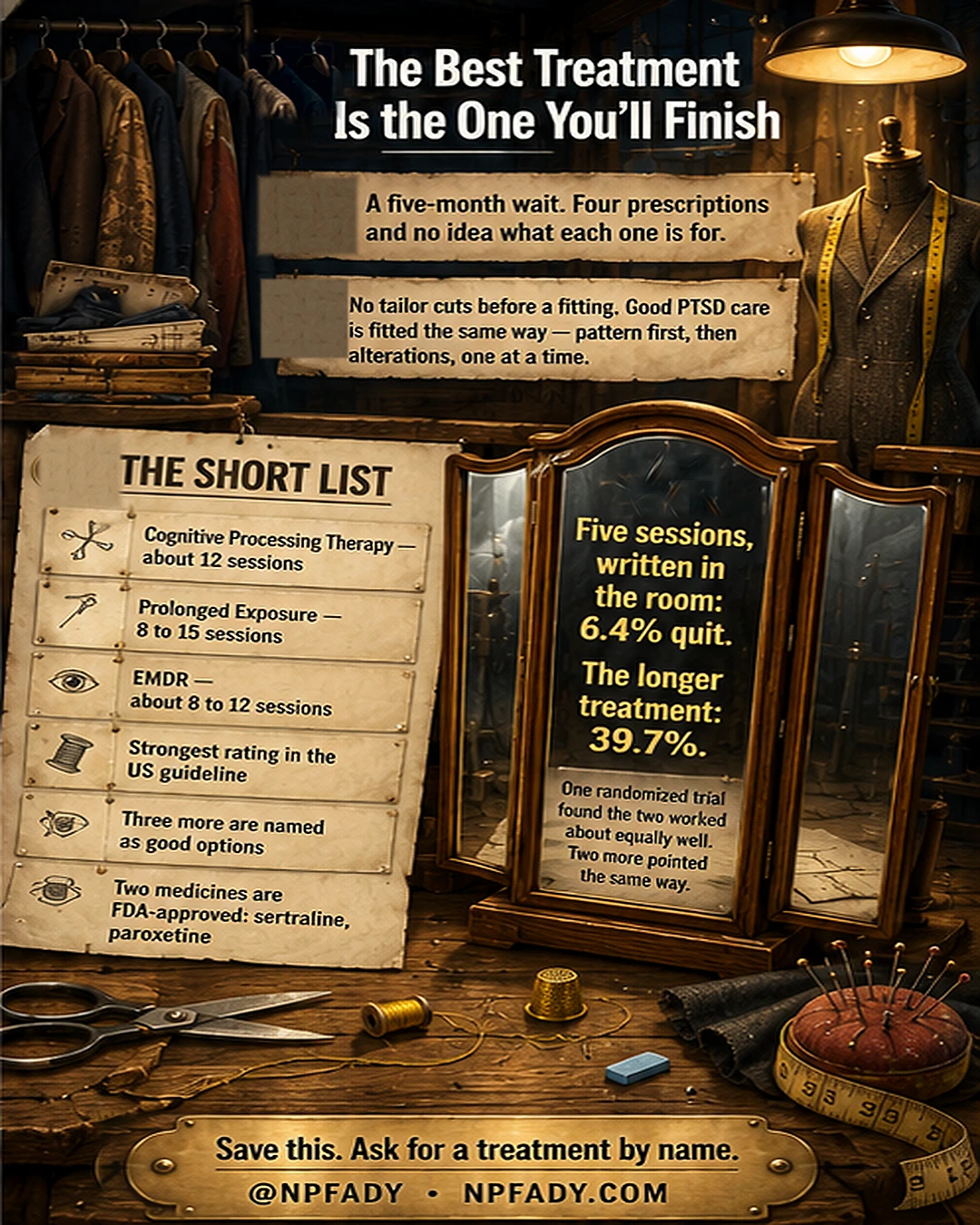 Infographic titled The Best Treatment Is the One You'll Finish, set in a warmly lit tailor's workshop. A dress form wears a half-finished jacket with a tape measure over the shoulder, coats hang on a rail, and shears, a thimble, spools of thread, and a pincushion rest on the workbench. Two notes at the top read: a five-month wait, four prescriptions and no idea what each one is for; and no tailor cuts before a fitting, good PTSD care is fitted the same way, pattern first, then alterations, one at a time. A pinned paper sheet headed The Short List carries six rows, each with a small sewing-tool icon: Cognitive Processing Therapy, about 12 sessions; Prolonged Exposure, 8 to 15 sessions; EMDR, about 8 to 12 sessions; strongest rating in the US guideline; three more are named as good options; and two medicines are FDA-approved, sertraline and paroxetine. On a standing three-panel fitting mirror, gold text reads: five sessions, written in the room, 6.4 percent quit; the longer treatment, 39.7 percent; with a note that one randomized trial found the two worked about equally well and two more pointed the same way. A closing plaque reads: save this, ask for a treatment by name.