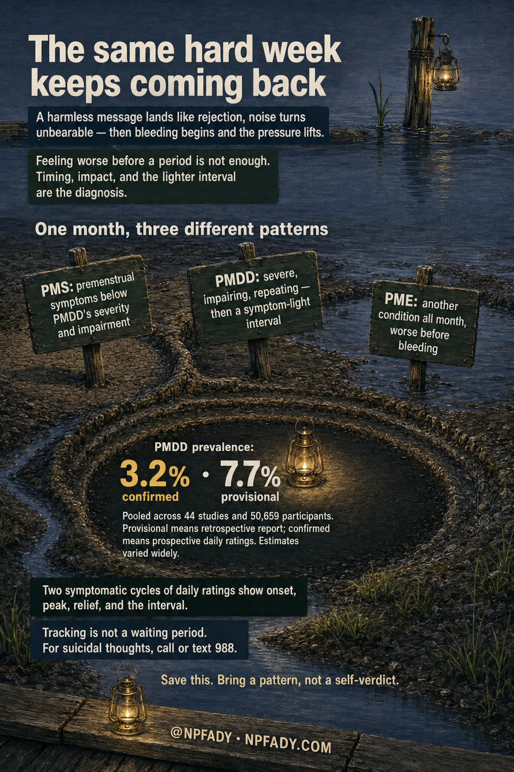 A tidal salt marsh read from flood to ebb teaches how PMDD is recognised: three basins of one marsh sit side by side at the same moment — one whose water rose but stopped short of the causeway (PMS), one that flooded high and has now drained completely bare (PMDD, the symptom-light interval), and one that flooded high and still holds standing water at the lowest tide (premenstrual exacerbation, a condition present all month). Read top to bottom. The key figures, set largest on the bare drained ground: PMDD prevalence 3.2% confirmed versus 7.7% provisional, pooled across 44 studies and 50,659 participants. Each basin carries a printed name on a stake, so colour is never the only cue.