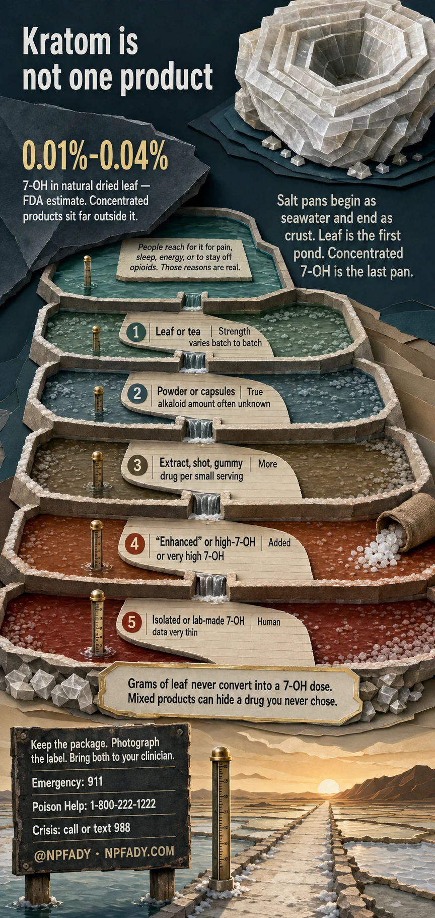 Infographic titled "Kratom is not one product," showing a five-step salt-pan gradient. Step 1, leaf or tea: strength varies batch to batch. Step 2, powder or capsules: true alkaloid amount often unknown. Step 3, extract, shot, or gummy: more drug per small serving. Step 4, "enhanced" or high-7-OH: added or very high 7-OH. Step 5, isolated or lab-made 7-OH: human data very thin. A heading notes that 7-OH makes up roughly 0.01 to 0.04 percent of natural dried leaf. A closing note reads: grams of leaf never convert into a 7-OH dose, and mixed products can hide a drug you never chose.
