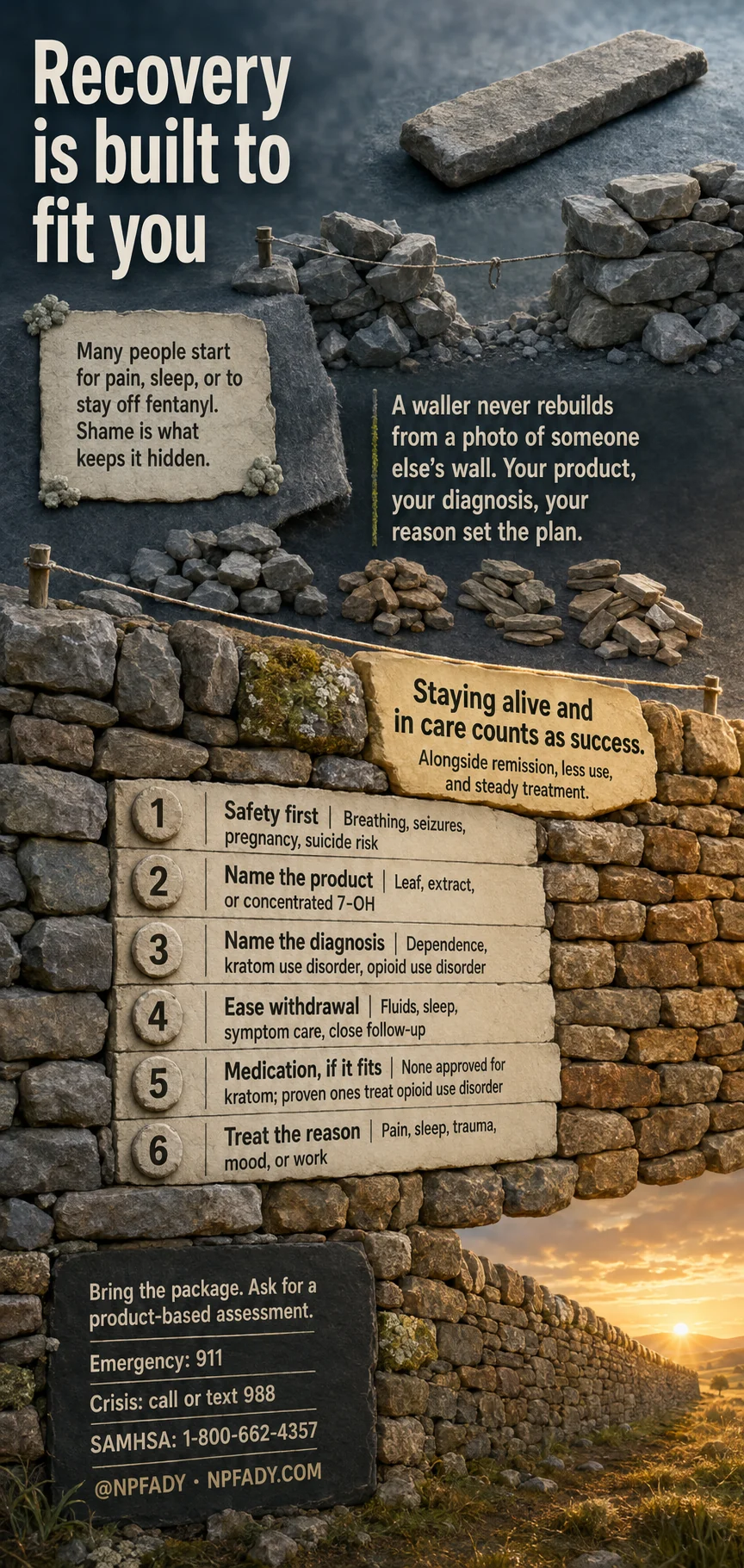 Infographic titled "Recovery is built to fit you," built around a dry stone wall. A note reads: many people start for pain, sleep, or to stay off fentanyl, and shame is what keeps it hidden. A second note reads: a waller never rebuilds from a photo of someone else's wall — your product, your diagnosis, and your reason set the plan. A highlighted stone reads: staying alive and in care counts as success, alongside remission, less use, and steady treatment. Six numbered steps follow. One, safety first: breathing, seizures, pregnancy, suicide risk. Two, name the product: leaf, extract, or concentrated 7-OH. Three, name the diagnosis: dependence, kratom use disorder, opioid use disorder. Four, ease withdrawal: fluids, sleep, symptom care, close follow-up. Five, medication if it fits: none approved for kratom, while proven ones treat opioid use disorder. Six, treat the reason: pain, sleep, trauma, mood, or work.