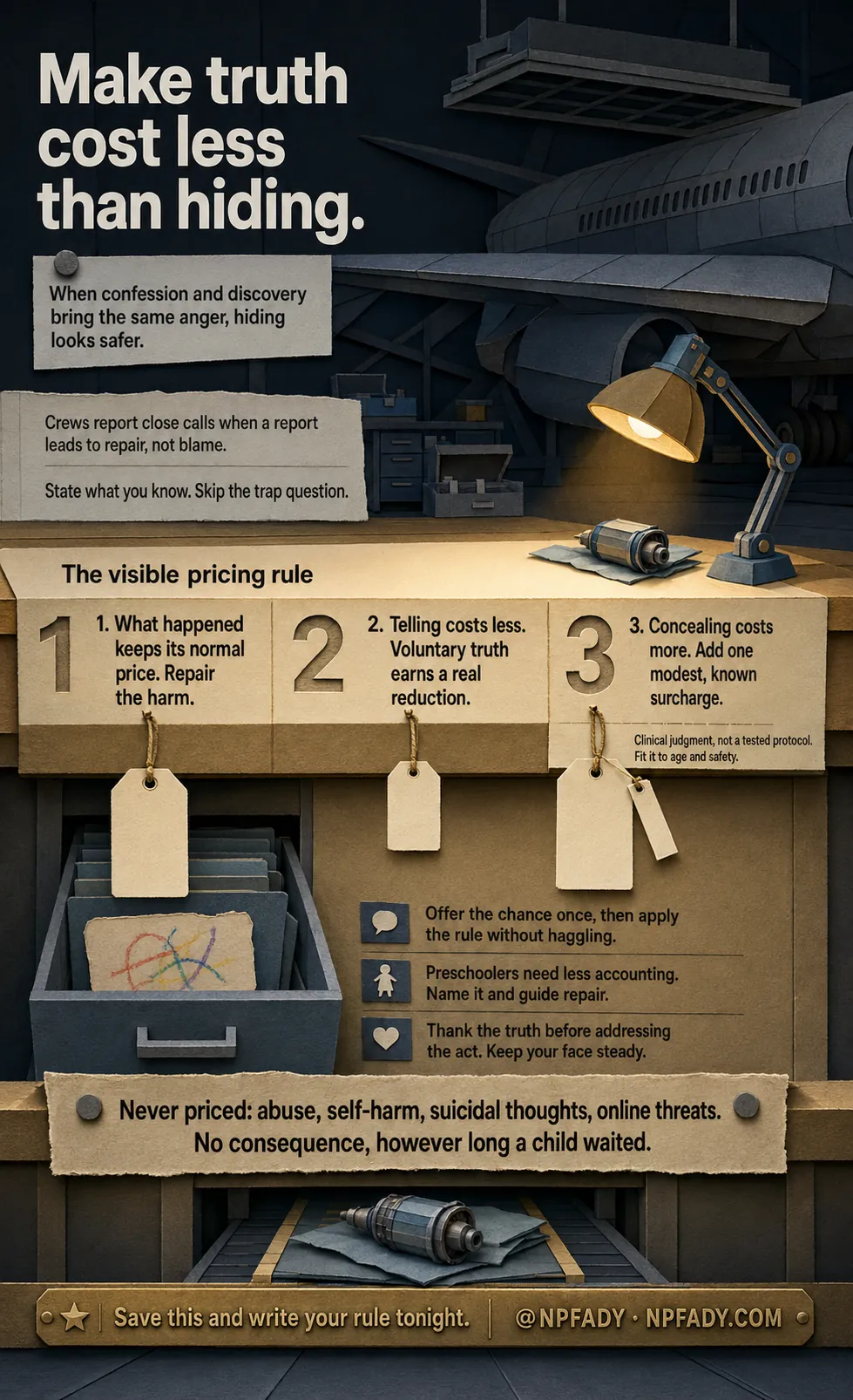 A cut-paper night hangar teaches a three-part honesty rule for families. Read top to bottom: a switched-off floodlight above the headline "Make truth cost less than hiding," a lit workbench with three numbered stations whose hanging job-tags differ in length to show each price, and a separate torn-edged card pinned across the bench reading "Never priced: abuse, self-harm, suicidal thoughts, online threats."