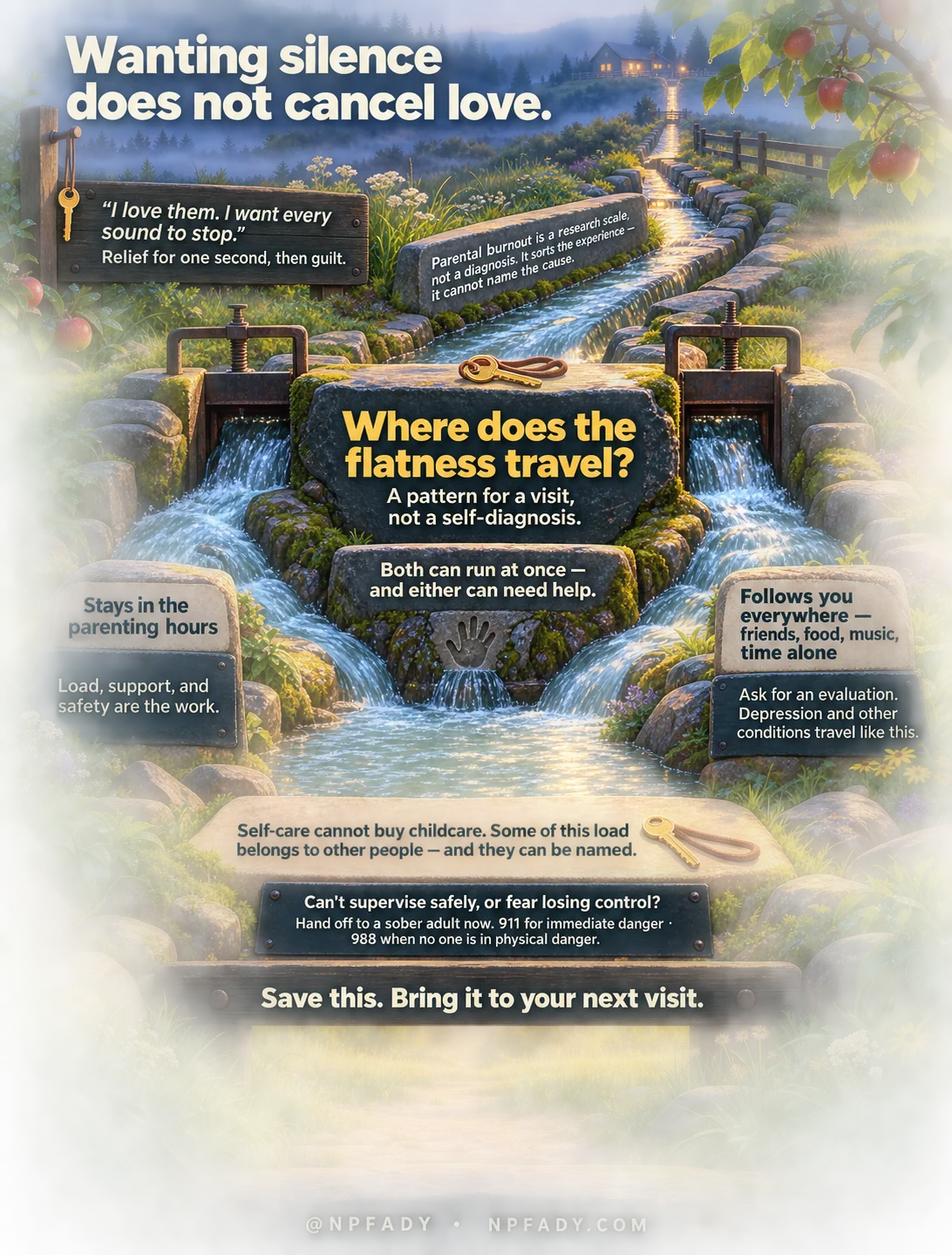 A painted hillside watercourse at dusk, headed "Wanting silence does not cancel love." A single lit channel runs down from a distant farmhouse and splits at a pair of iron sluice gates into two channels that fall away from each other. The gate stone asks: where does the flatness travel? A pattern for a visit, not a self-diagnosis. The left channel reads: stays in the parenting hours — load, support, and safety are the work. The right channel reads: follows you everywhere — friends, food, music, time alone — ask for an evaluation, depression and other conditions travel like this. Between them, a stone with a pale handprint reads: both can run at once, and either can need help. A slab above reads: parental burnout is a research scale, not a diagnosis; it sorts the experience, it cannot name the cause. A wooden sign reads: "I love them. I want every sound to stop." Relief for one second, then guilt. Lower slabs read: self-care cannot buy childcare, some of this load belongs to other people and they can be named; and, can't supervise safely, or fear losing control? Hand off to a sober adult now, 911 for immediate danger, 988 when no one is in physical danger. At the foot: save this, bring it to your next visit. At NP Fady, npfady.com.