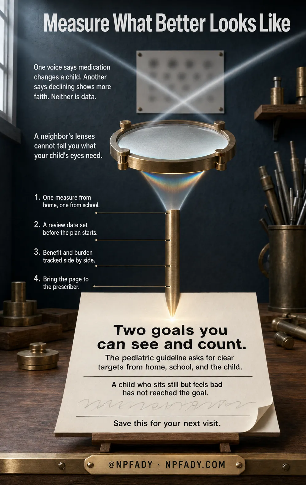 A tabletop optical bench in a quiet workshop. A blurred eye-chart card sits at the cool left end; a ground-glass lens mid-bench bends a cone of daylight to a bright focal point on a paper plan card at the warm right end. Four engraved notches along the brass rail read: one measure from home, one from school; a review date set before the plan starts; benefit and burden side by side; bring the page to the prescriber. At the focal point: two goals you can see and count.