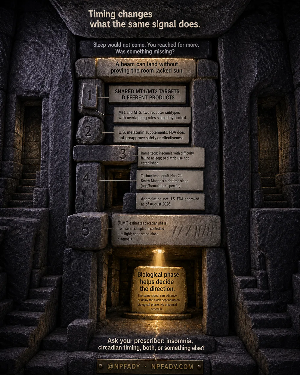 Infographic drawn as a dark stone stairwell with two flanking staircases, five numbered carved blocks, and a single beam of light landing on a glowing stone at the bottom. Text reads: Timing changes what the same signal does. Sleep would not come. You reached for more. Was something missing? A beam can land without proving the room lacked sun. Numbered blocks read. One: shared MT1 and MT2 targets, different products. MT1 and MT2, two receptor subtypes with overlapping roles shaped by context. Two: U.S. melatonin supplements, FDA does not preapprove safety or effectiveness. Three: ramelteon, insomnia with difficulty falling asleep; pediatric use not established. Four: tasimelteon, adult Non-24; Smith-Magenis nighttime sleep, age and formulation specific. Agomelatine, not U.S. FDA-approved as of August 2026. Five: DLMO estimates circadian phase from serial samples in controlled dim light; not a stand-alone diagnosis. The glowing stone reads: biological phase helps decide the direction. The same signal can advance or delay the clock depending on biological phase. No universal schedule. The base reads: ask your prescriber, insomnia, circadian timing, both, or something else, at NPFADY, NPFADY.com.