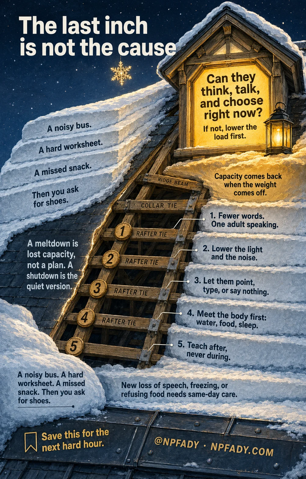 Infographic titled The last inch is not the cause, drawn as a snow-covered roof at night with a lit dormer window and a lantern. The window reads: Can they think, talk, and choose right now? If not, lower the load first. Snow ledges read: A noisy bus. A hard worksheet. A missed snack. Then you ask for shoes. Text on the roof reads: A meltdown is lost capacity, not a plan. A shutdown is the quiet version. Capacity comes back when the weight comes off. Five numbered rafter ties read. One: fewer words, one adult speaking. Two: lower the light and the noise. Three: let them point, type, or say nothing. Four: meet the body first: water, food, sleep. Five: teach after, never during. A line near the base reads: New loss of speech, freezing, or refusing food needs same-day care. The base reads: save this for the next hard hour, at NPFADY, NPFADY.com.