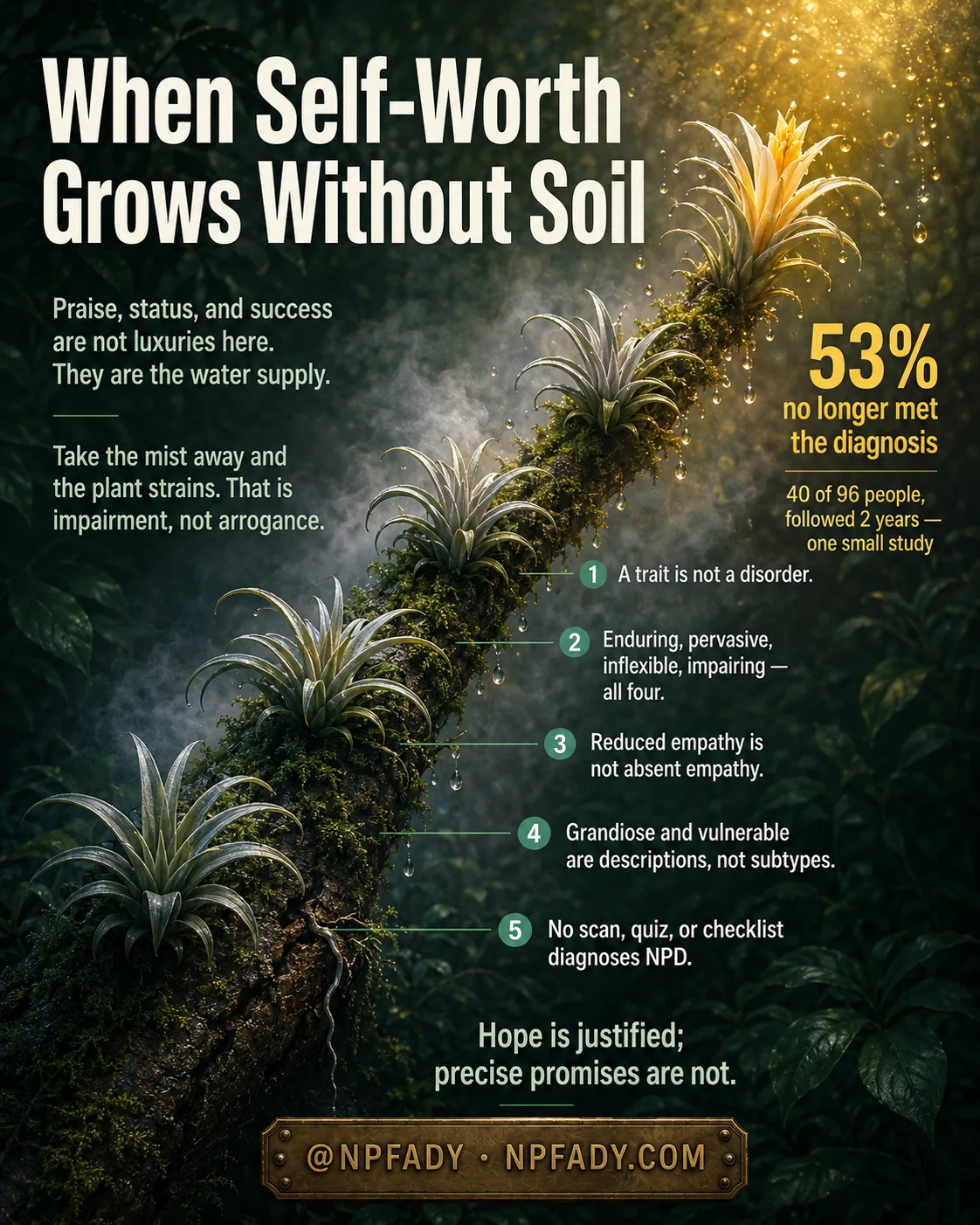 Infographic titled When Self-Worth Grows Without Soil. Air plants grow along a mossy branch in a misty forest, blooming golden at the top where light and dripping water reach them. Text reads: praise, status, and success are not luxuries here — they are the water supply. Take the mist away and the plant strains. That is impairment, not arrogance. A large figure reads: 53 percent no longer met the diagnosis — 40 of 96 people, followed 2 years, one small study. Five numbered notes follow. One, a trait is not a disorder. Two, enduring, pervasive, inflexible, impairing — all four. Three, reduced empathy is not absent empathy. Four, grandiose and vulnerable are descriptions, not subtypes. Five, no scan, quiz, or checklist diagnoses NPD. A closing line reads: hope is justified; precise promises are not.