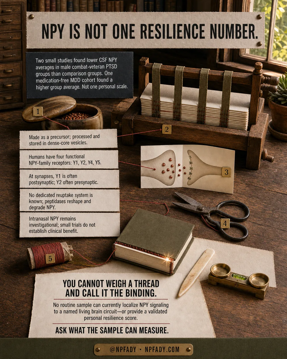 Infographic drawn as a bookbinder's wooden bench by a window, with a book press, a spool of red thread, scissors, a bone folder, and a small brass scale, each numbered one to five. Text reads: NPY is not one resilience number. Two small studies found lower CSF NPY averages in male combat-veteran PTSD groups than comparison groups. One medication-free MDD cohort found a higher group average. Not one personal scale. Numbered panels read: made as a precursor; processed and stored in dense-core vesicles. Humans have four functional NPY-family receptors: Y1, Y2, Y4, Y5. At synapses, Y1 is often postsynaptic; Y2 often presynaptic. No dedicated reuptake system is known; peptidases reshape and degrade NPY. Intranasal NPY remains investigational; small trials do not establish clinical benefit. A sheet reads: You cannot weigh a thread and call it the binding. No routine sample can currently localize NPY signaling to a named living brain circuit, or provide a validated personal resilience score. Ask what the sample can measure. The base reads: at NPFADY, NPFADY.com.