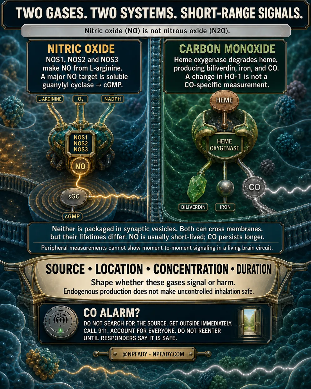 Infographic drawn as a glowing cross-section of cells, with a golden nitric oxide pathway on the left and a green carbon monoxide pathway on the right. Text reads: Two gases. Two systems. Short-range signals. Nitric oxide, NO, is not nitrous oxide, N2O. Nitric oxide: NOS1, NOS2 and NOS3 make NO from L-arginine. A major NO target is soluble guanylyl cyclase, leading to cGMP. Carbon monoxide: heme oxygenase degrades heme, producing biliverdin, iron, and CO. A change in HO-1 is not a CO-specific measurement. Neither is packaged in synaptic vesicles. Both can cross membranes, but their lifetimes differ: NO is usually short-lived; CO persists longer. Peripheral measurements cannot show moment-to-moment signaling in a living brain circuit. A plate reads: Source, location, concentration, duration shape whether these gases signal or harm. Endogenous production does not make uncontrolled inhalation safe. A panel with an alarm reads: CO alarm? Do not search for the source. Get outside immediately. Call 911. Account for everyone. Do not reenter until responders say it is safe. The base reads: at NPFADY, NPFADY.com.