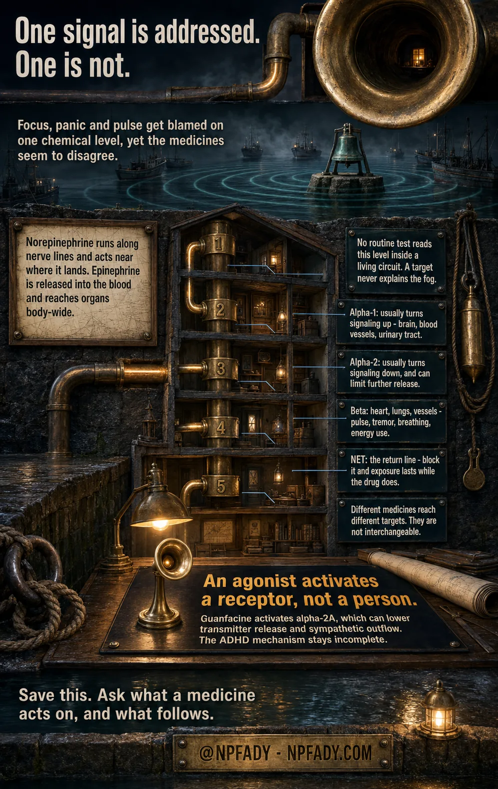 Infographic drawn as a five-story signal tower on a harbor wall at night, with a brass speaking horn, a ringing buoy bell sending rings across the water, and a lamplit desk with a telegraph horn. Text reads: One signal is addressed. One is not. Focus, panic and pulse get blamed on one chemical level, yet the medicines seem to disagree. Norepinephrine runs along nerve lines and acts near where it lands. Epinephrine is released into the blood and reaches organs body-wide. No routine test reads this level inside a living circuit. A target never explains the fog. Five numbered panels read. Alpha-1: usually turns signaling up, brain, blood vessels, urinary tract. Alpha-2: usually turns signaling down, and can limit further release. Beta: heart, lungs, vessels, pulse, tremor, breathing, energy use. NET: the return line, block it and exposure lasts while the drug does. Different medicines reach different targets. They are not interchangeable. A sign reads: An agonist activates a receptor, not a person. Guanfacine activates alpha-2A, which can lower transmitter release and sympathetic outflow. The ADHD mechanism stays incomplete. The base reads: save this, ask what a medicine acts on, and what follows, at NPFADY, NPFADY.com.