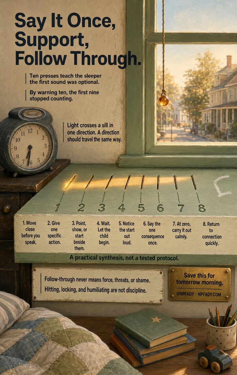 A bedroom windowsill at first light, no people. A clock's snooze button is dished and worn by repeated presses, drawn as stacked growth rings. An amber glass bead in the window casts a coin of light that travels the sill in one direction across eight scratched marks, each carrying one step of a single-direction instruction sequence. The sill edge is cut with 'A practical synthesis, not a tested protocol'. A board below reads that follow-through never means force, threats, or shame.