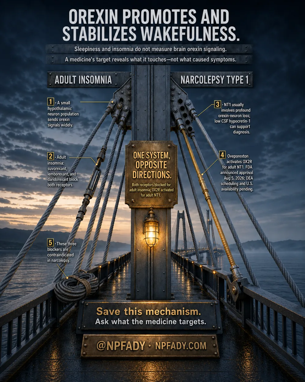 Infographic drawn as a suspension bridge tower at dusk, with cables labeled Adult insomnia on the left and Narcolepsy type 1 on the right and a lantern at the center. Text reads: Orexin promotes and stabilizes wakefulness. Sleepiness and insomnia do not measure brain orexin signaling. A medicine's target reveals what it touches, not what caused symptoms. Numbered callouts read. One: a small hypothalamic neuron population sends orexin signals widely. Two: adult insomnia, suvorexant, lemborexant, and daridorexant block both receptors. Three: NT1 usually involves profound orexin-neuron loss; low CSF hypocretin-1 can support diagnosis. Four: oveporexton activates OX2R for adult NT1. FDA announced approval Aug 5, 2026; DEA scheduling and U.S. availability pending. Five: these three blockers are contraindicated in narcolepsy. The center plate reads: One system, opposite directions. Both receptors blocked for adult insomnia; OX2R activated for adult NT1. The base reads: save this mechanism, ask what the medicine targets, at NPFADY, NPFADY.com.