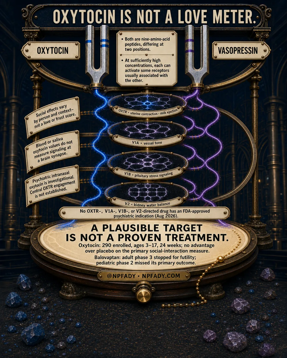 Infographic drawn as a brass instrument on a dark stage, where two tuning forks labeled Oxytocin and Vasopressin send blue and purple waves down through four glowing receptor rings to an oval plate. Text reads: Oxytocin is not a love meter. Both are nine-amino-acid peptides, differing at two positions. At sufficiently high concentrations, each can activate some receptors usually associated with the other. Side panels read: social effects vary by person and context, not a love or trust score. Blood or saliva oxytocin values do not measure signaling at a brain synapse. Psychiatric intranasal oxytocin is investigational. Central OXTR engagement is not established. The rings read: OXTR, uterine contraction, milk ejection. V1A, vessel tone. V1B, pituitary stress signaling. V2, kidney water balance. A strip reads: no OXTR-, V1A-, V1B-, or V2-directed drug has an FDA-approved psychiatric indication, August 2026. The plate reads: A plausible target is not a proven treatment. Oxytocin: 290 enrolled, ages 3 to 17, 24 weeks; no advantage over placebo on the primary social-interaction measure. Balovaptan: adult phase 3 stopped for futility; pediatric phase 2 missed its primary outcome. The base reads: at NPFADY, NPFADY.com.
