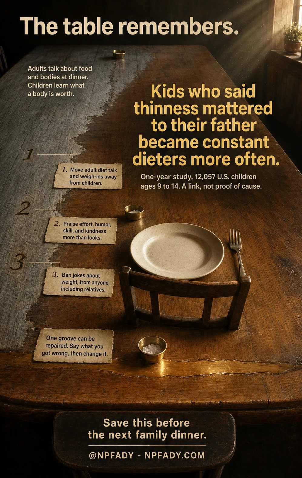 Infographic titled The table remembers, drawn as a long wooden family table whose finish is worn unevenly: polished amber where warm words fell, stripped grey where weight talk landed, with the deepest wear at an empty child's place. Gold type reads: kids who said thinness mattered to their father became constant dieters more often; one-year study, 12,057 U.S. children ages 9 to 14, a link, not proof of cause. A note reads: adults talk about food and bodies at dinner; children learn what a body is worth. Three numbered notes read. One: move adult diet talk and weigh-ins away from children. Two: praise effort, humor, skill, and kindness more than looks. Three: ban jokes about weight, from anyone, including relatives. A repaired groove carries: one groove can be repaired; say what you got wrong, then change it. The bench reads: save this before the next family dinner, at NPFADY, NPFADY.com.