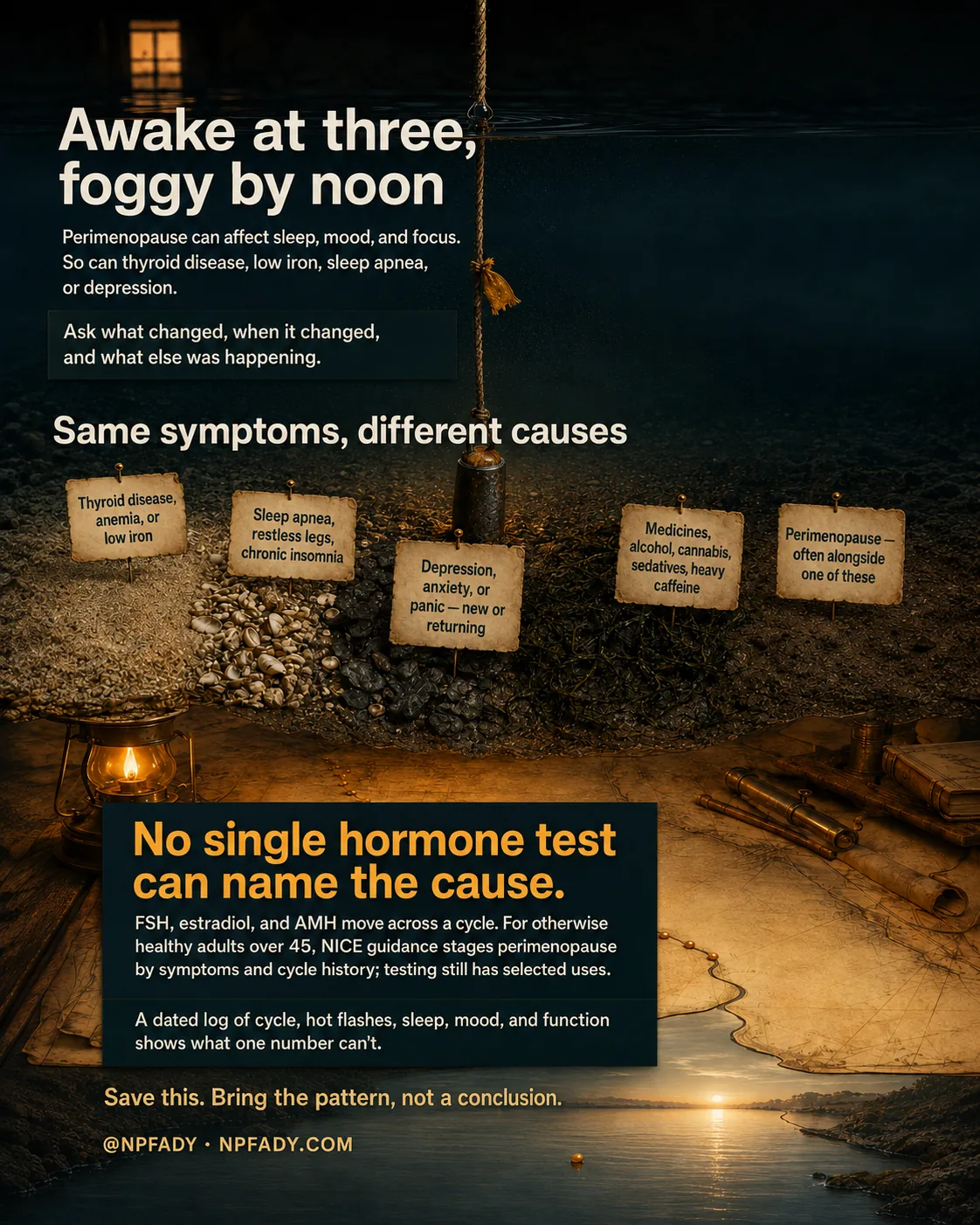 A weighted sounding line drops from a small boat through dark night water to a seafloor made of five different materials, then the seafloor becomes a chart where a run of amber marks draws one contour — the graphic teaches that no single hormone test can name the cause of new midlife anxiety, low mood, poor sleep or brain fog, while a dated pattern log can. Read top to bottom. Five look-alike causes are named: thyroid disease or low iron; sleep apnea, restless legs or chronic insomnia; depression, anxiety or panic; medicines and substances; and perimenopause itself, often alongside one of the others. Colour is never the only cue — every cause carries its own printed label.