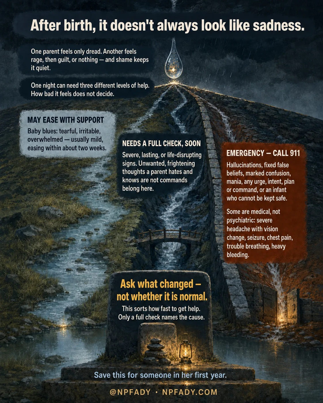 A vertical storybook-gouache scene of a rain-dark mountain divide teaching that postpartum illness does not always look like sadness. One raindrop strikes a ridge crest and splits into three watercourses that never rejoin: a gentle meadow channel labelled "may ease with support," a cut slate channel labelled "needs a full check, soon," and — beyond a raised stone rib — a steep chute labelled "emergency, call 911." A lit marker stone at the foot reads: "Ask what changed — not whether it is normal."