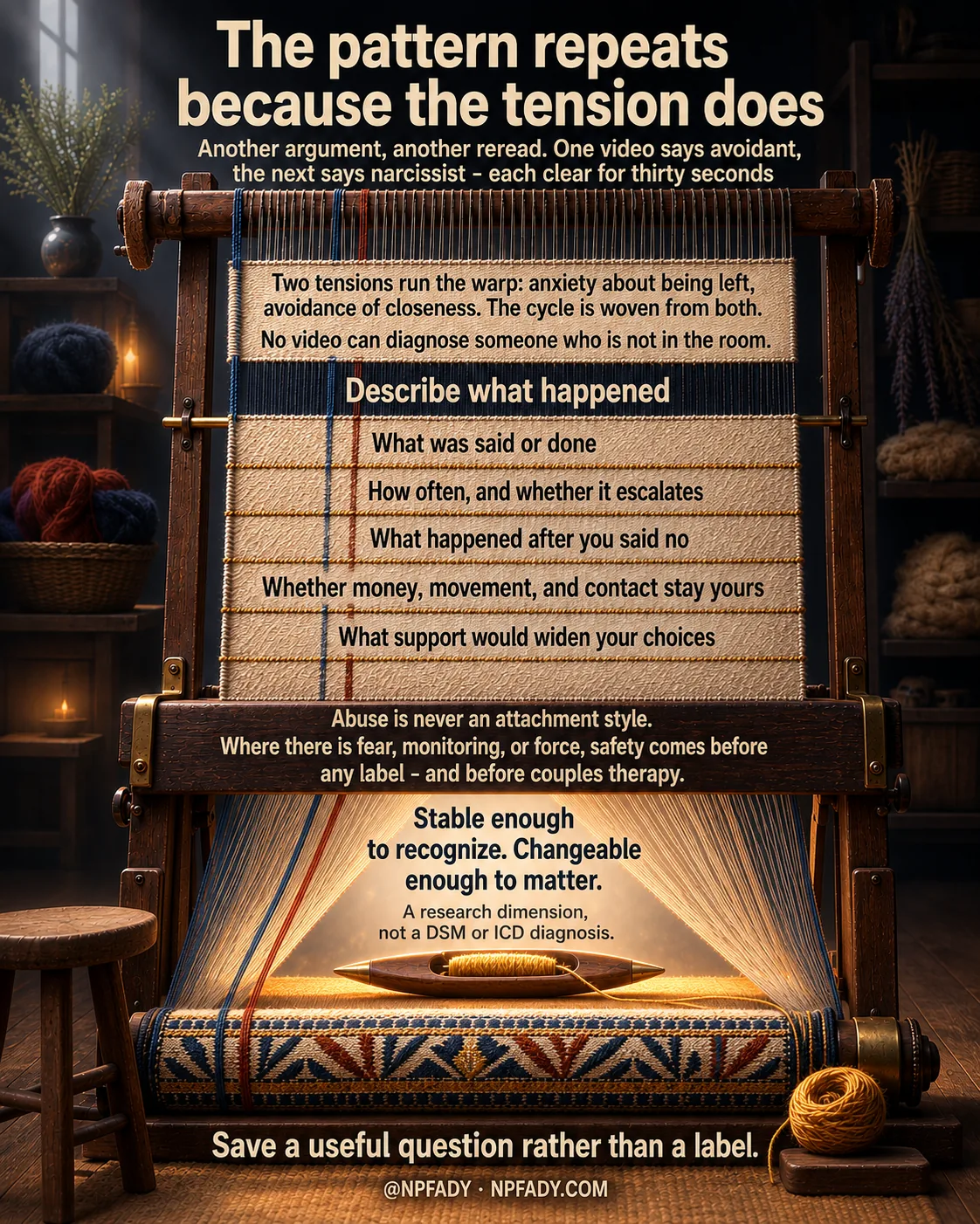 A tactile infographic of a loom mid-weave, teaching that a repeating relationship cycle comes from two standing tensions rather than from anyone's character. It reads top to bottom: warp threads under tension with one band repeating, two dyed threads named as anxiety and avoidance, five rows of cloth carrying five plain questions, a safety line set into the loom's frame, and a lit open gap where the main point sits. Colour moves from cold dusk to warm gold; no numbers appear.