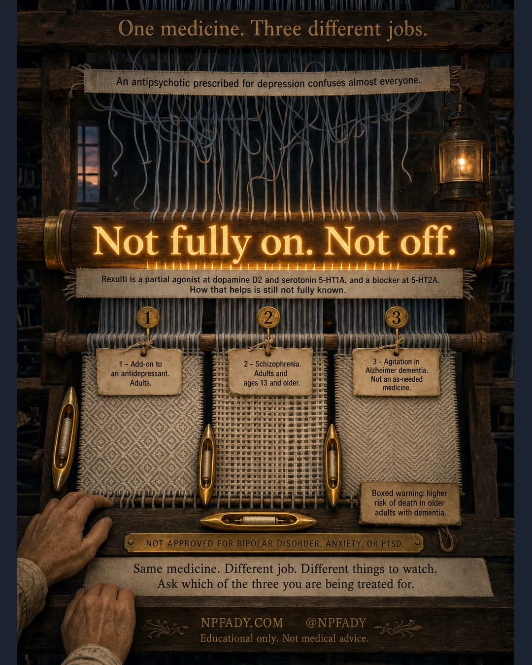 Infographic titled One medicine. Three different jobs., staged on an old wooden weaving loom lit by a hanging lantern. A cloth banner across the top reads: an antipsychotic prescribed for depression confuses almost everyone. Loose warp threads hang down to a glowing brass beam that reads in large letters, Not fully on. Not off. Below it a linen strip reads: Rexulti is a partial agonist at dopamine D2 and serotonin 5-HT1A, and a blocker at 5-HT2A. How that helps is still not fully known. Three numbered brass tags hang over three separate woven panels. Tag one, add-on to an antidepressant, adults. Tag two, schizophrenia, adults and ages 13 and older. Tag three, agitation in Alzheimer dementia, not an as-needed medicine. A parchment label beside the third panel reads, boxed warning, higher risk of death in older adults with dementia. A brass plate along the loom's base reads, not approved for bipolar disorder, anxiety, or PTSD. The closing panel reads, same medicine, different job, different things to watch. Ask which of the three you are being treated for. A weaver's hand rests on the loom frame at lower left. At the base, NPFADY.com, at NPFADY, educational only, not medical advice.