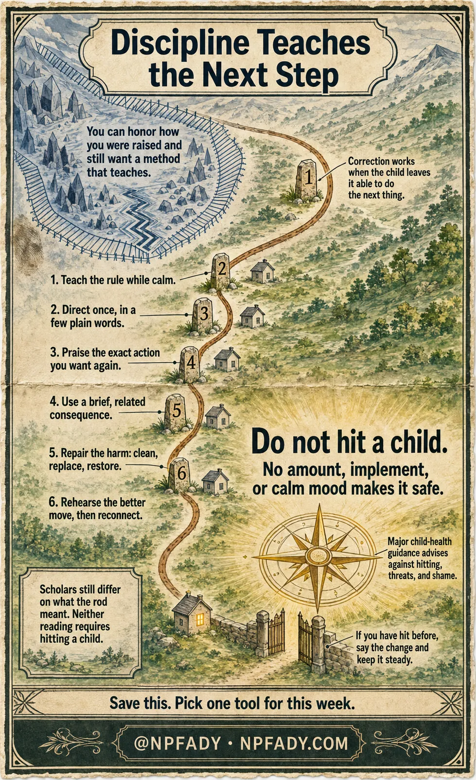 A hand-drawn gouache survey chart of a small valley on warm laid paper. A single warm route line runs down from a cold, fenced hazard at the top, hooks gently around it without touching, and returns to an open gate. Six carved wayposts on the line carry six nonviolent discipline tools. A gilded compass rose in the sunlit meadow carries the position: do not hit a child. A legend notes that scholars still differ on what the rod meant.