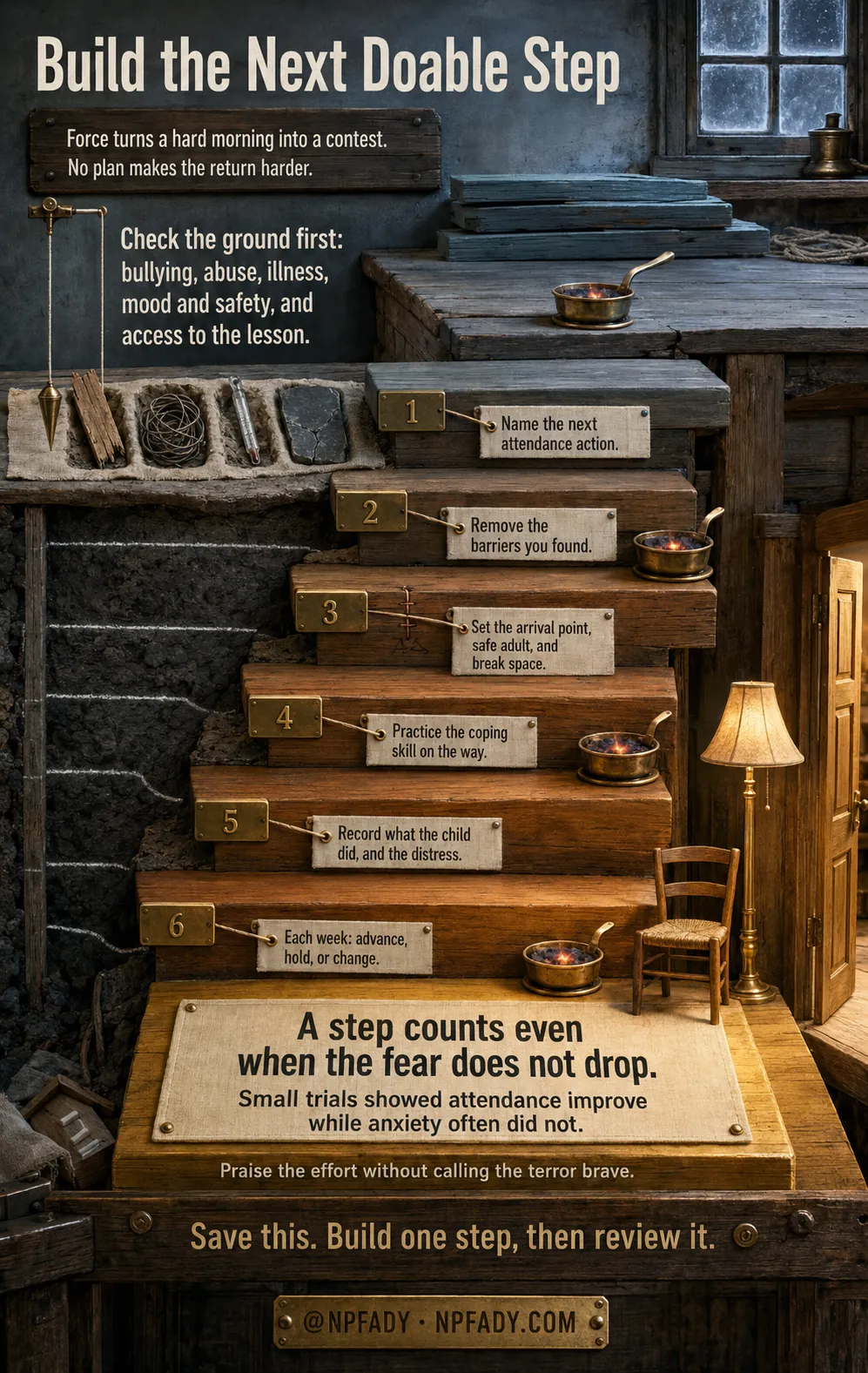 A hand-built timber workshop at dawn, seen in cutaway. At the head of a six-tread flight the ground is opened, sounded and lamplit, with four lifted barriers resting in cleared pockets and the chalked line: check the ground first. Six numbered treads step down to the right, each carrying one return step, and a warm landing with an open door holds the line that a step counts even when the fear does not drop.