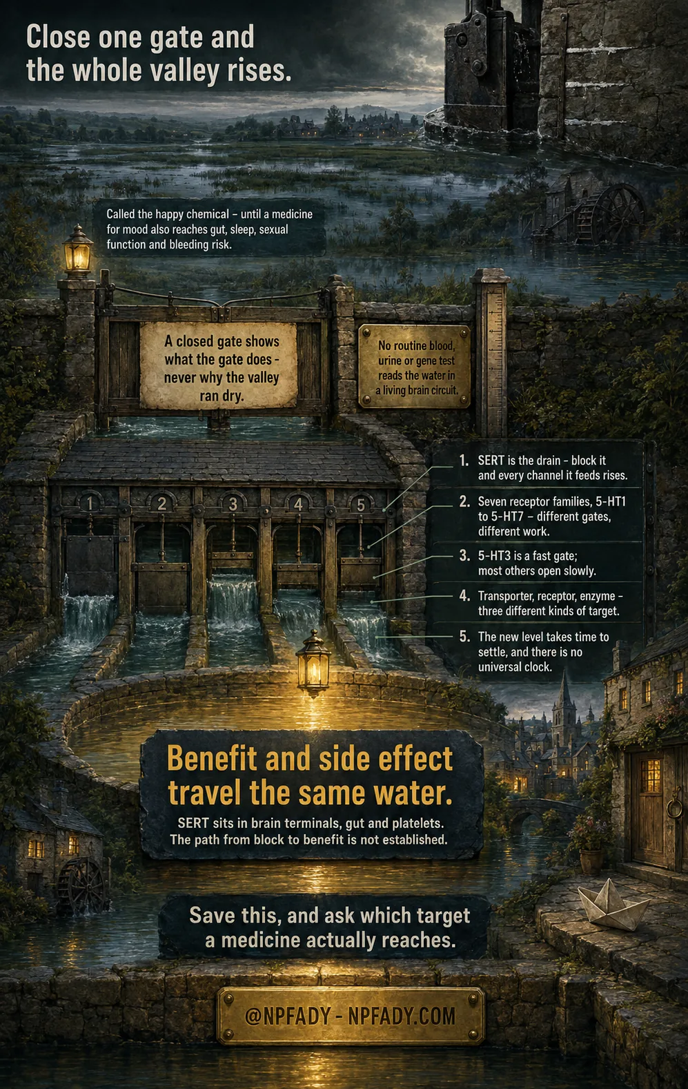 Infographic drawn as a stone sluice with five numbered gates opening onto a valley of canals, mills, and a lamplit village at dusk. Text reads: Close one gate and the whole valley rises. Called the happy chemical, until a medicine for mood also reaches gut, sleep, sexual function and bleeding risk. A closed gate shows what the gate does, never why the valley ran dry. No routine blood, urine or gene test reads the water in a living brain circuit. Five numbered callouts read. One: SERT is the drain, block it and every channel it feeds rises. Two: seven receptor families, 5-HT1 to 5-HT7, different gates, different work. Three: 5-HT3 is a fast gate; most others open slowly. Four: transporter, receptor, enzyme, three different kinds of target. Five: the new level takes time to settle, and there is no universal clock. A large sign reads: Benefit and side effect travel the same water. SERT sits in brain terminals, gut and platelets. The path from block to benefit is not established. The base reads: save this, and ask which target a medicine actually reaches, at NPFADY, NPFADY.com.